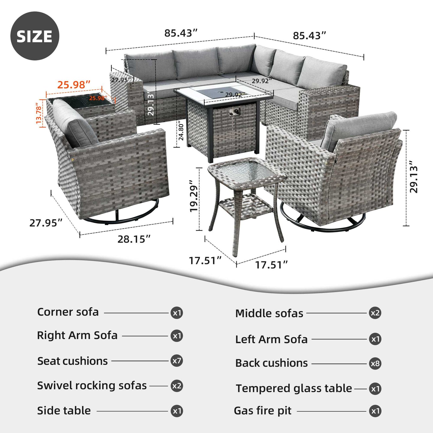 10 Pieces Patio Furniture with 7.68'' Handrails and 30'' Fire Pit Table Rocking Chair
