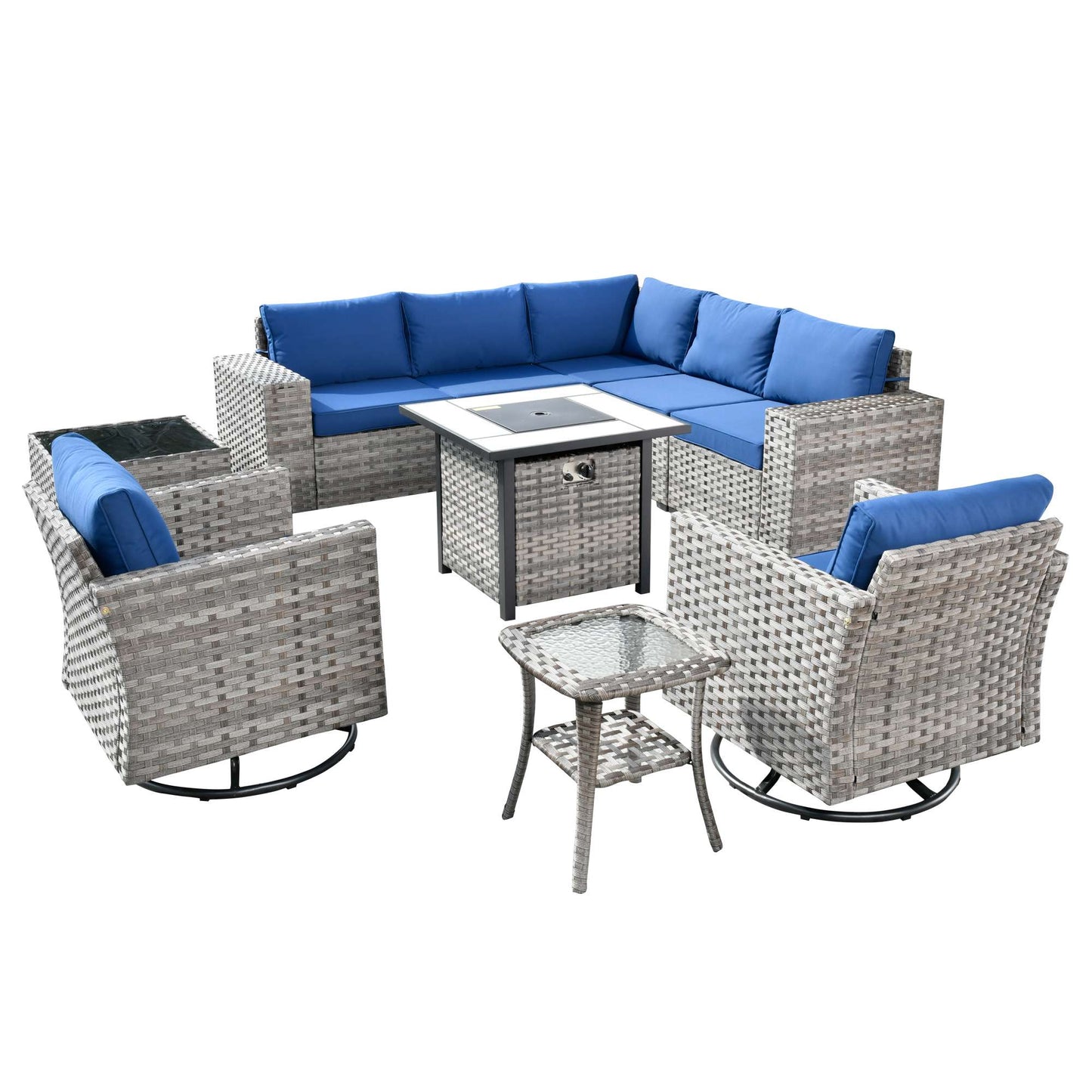 10 Pieces Patio Furniture with 7.68'' Handrails and 30'' Fire Pit Table Rocking Chair