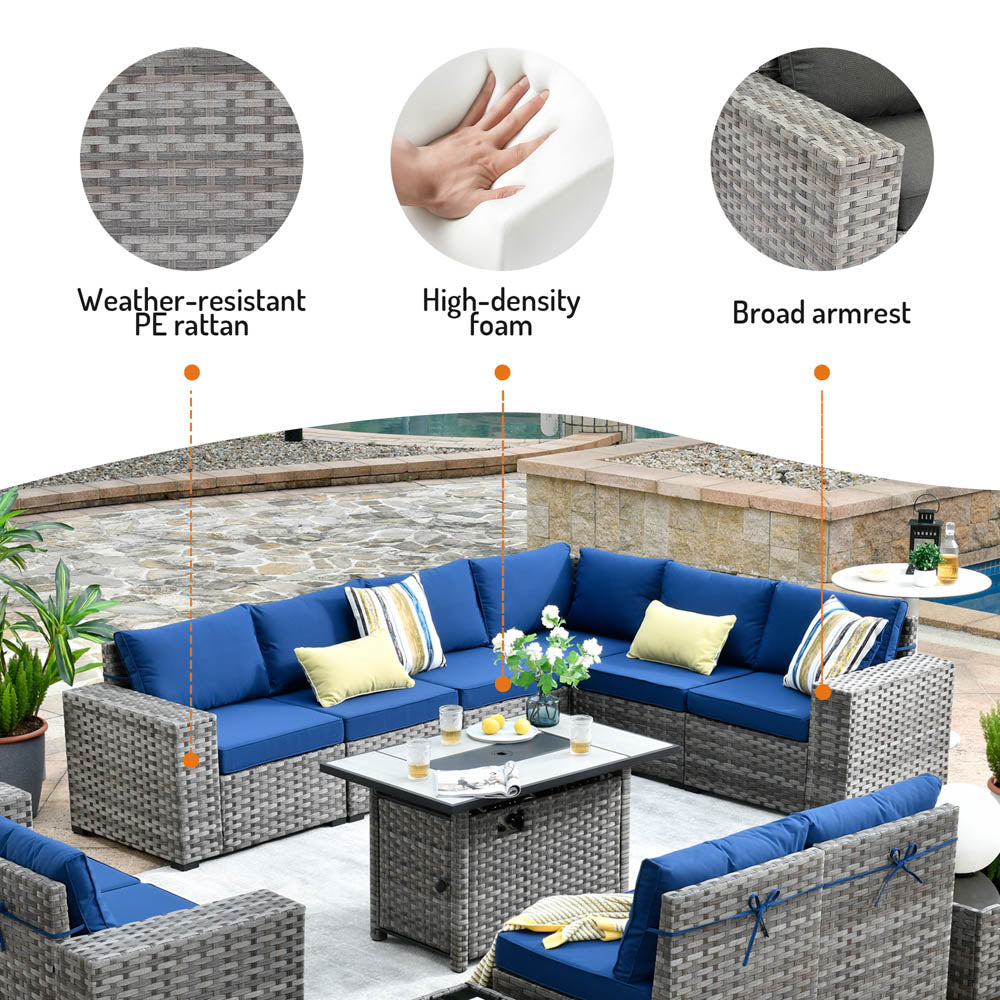 13 Pieces Outdoor Furniture with 7.68'' Broad Handrails and Rectangle 42.12'' Fire Pit Table