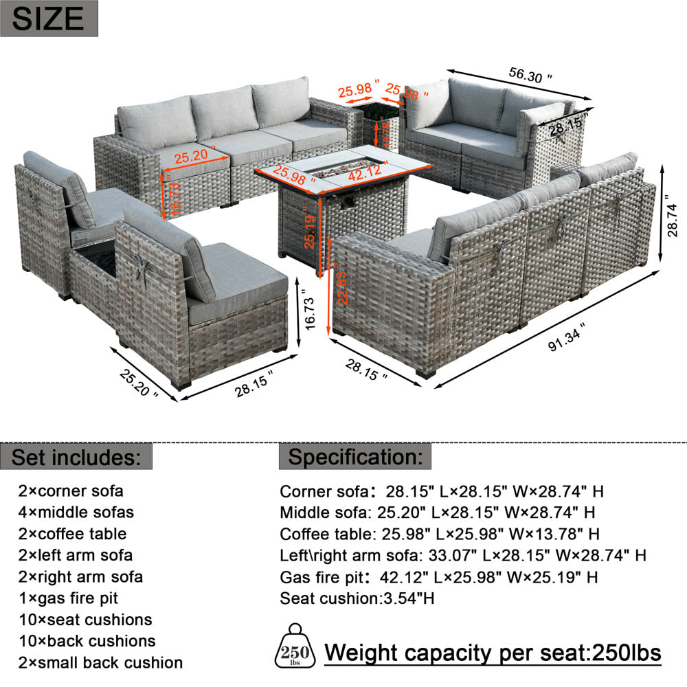 13 Pieces Outdoor Furniture with 7.68'' Broad Handrails and Rectangle 42.12'' Fire Pit Table