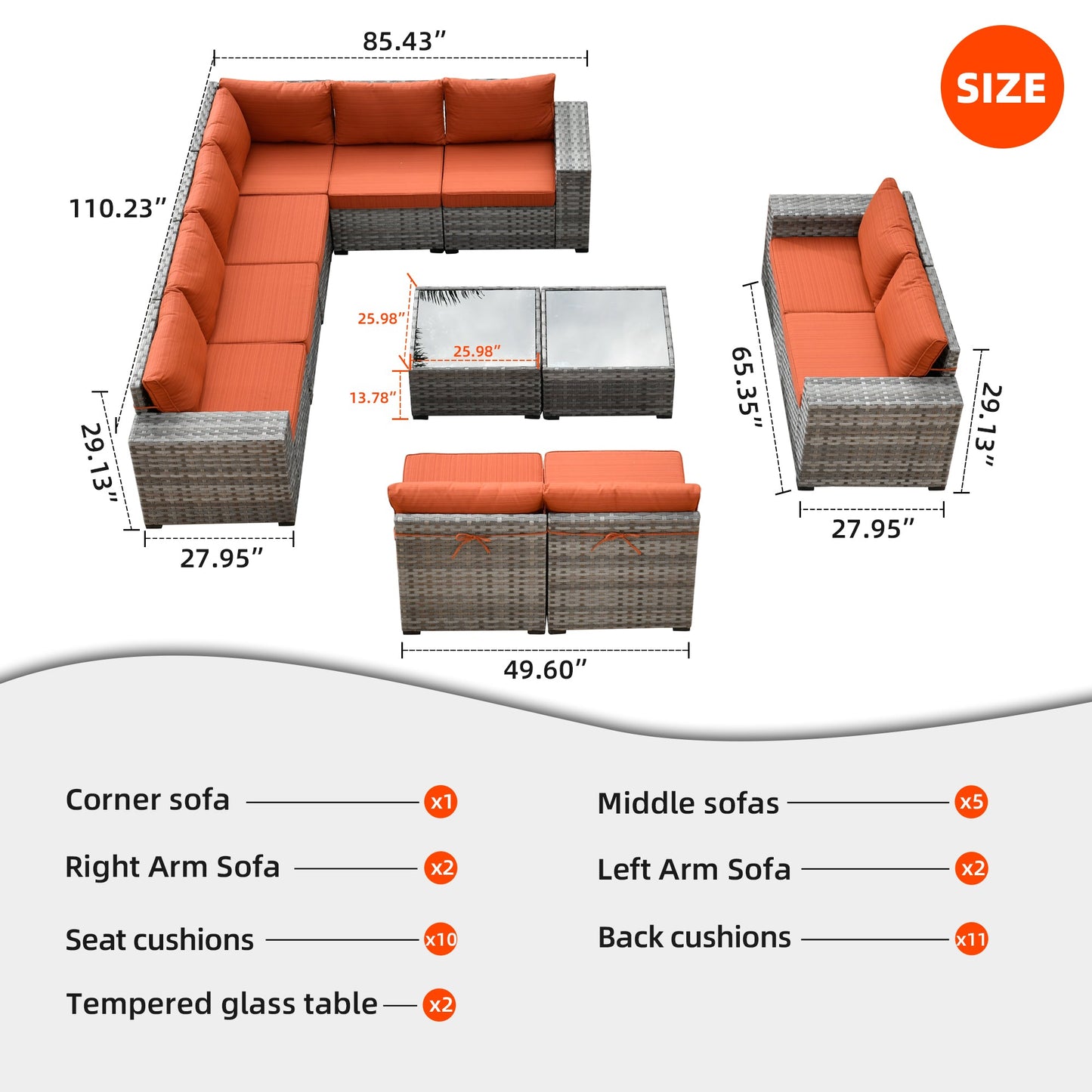12 Pieces Patio Conversation Set with 7.68'' Broad Handrails