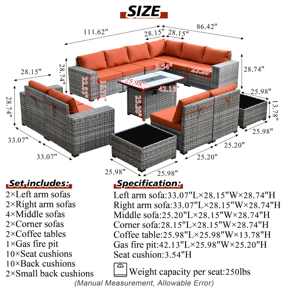 13 Pieces Outdoor Furniture with 7.68'' Broad Handrails and Rectangle 42.12'' Fire Pit Table