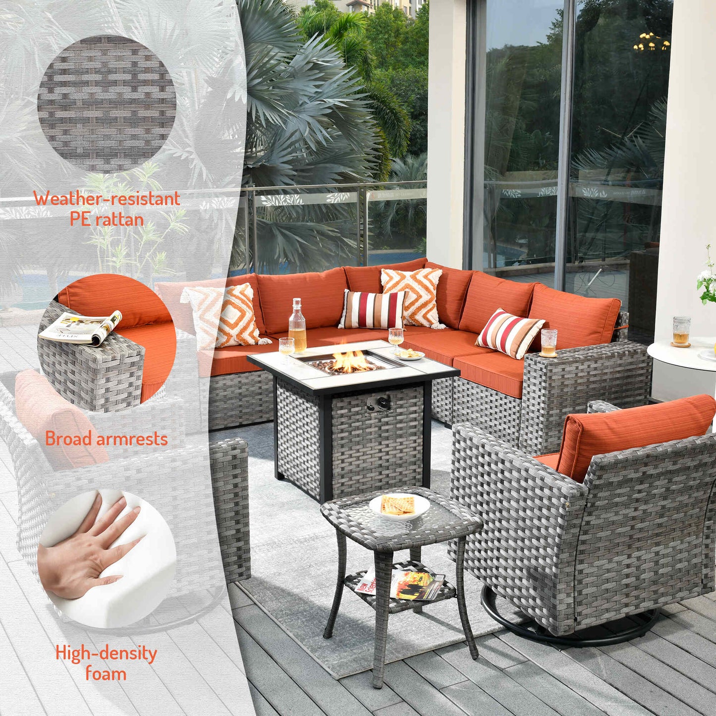 10 Pieces Patio Furniture with 7.68'' Handrails and 30'' Fire Pit Table Rocking Chair