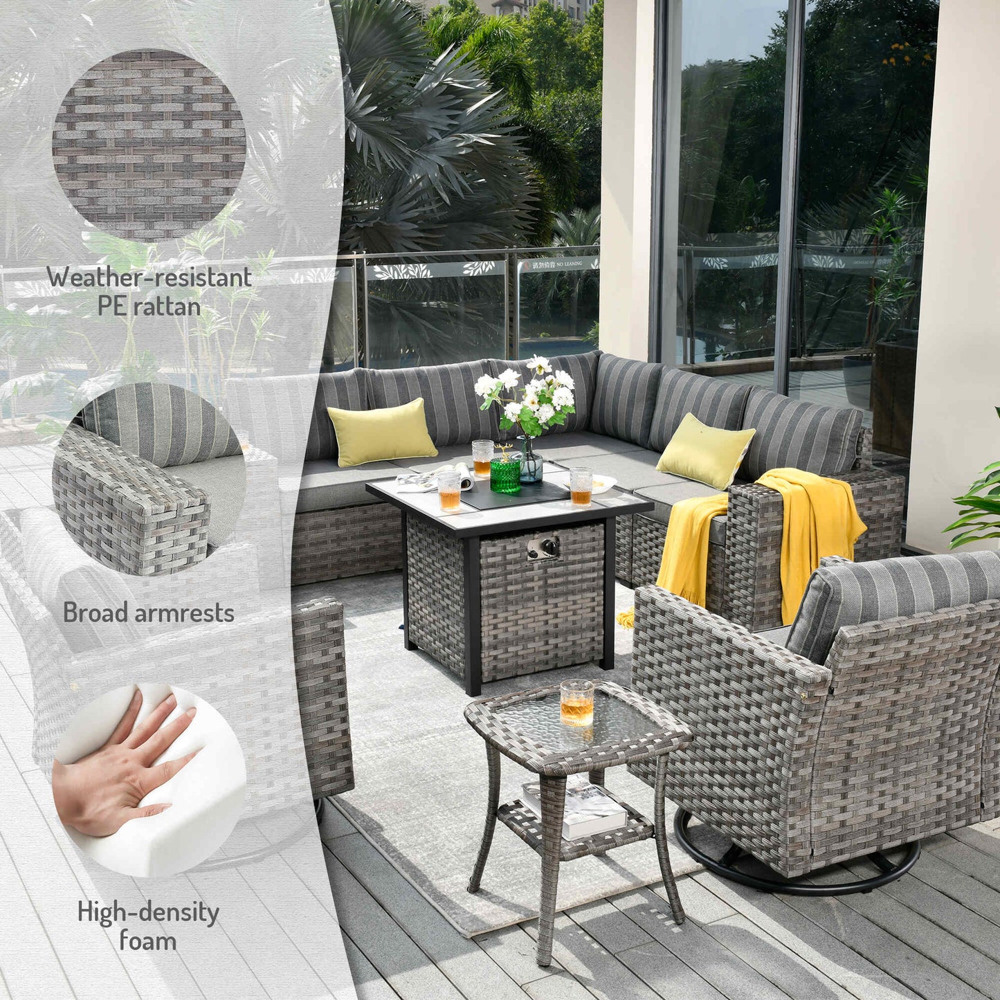 10 Pieces Patio Furniture with 7.68'' Handrails and 30'' Fire Pit Table Rocking Chair
