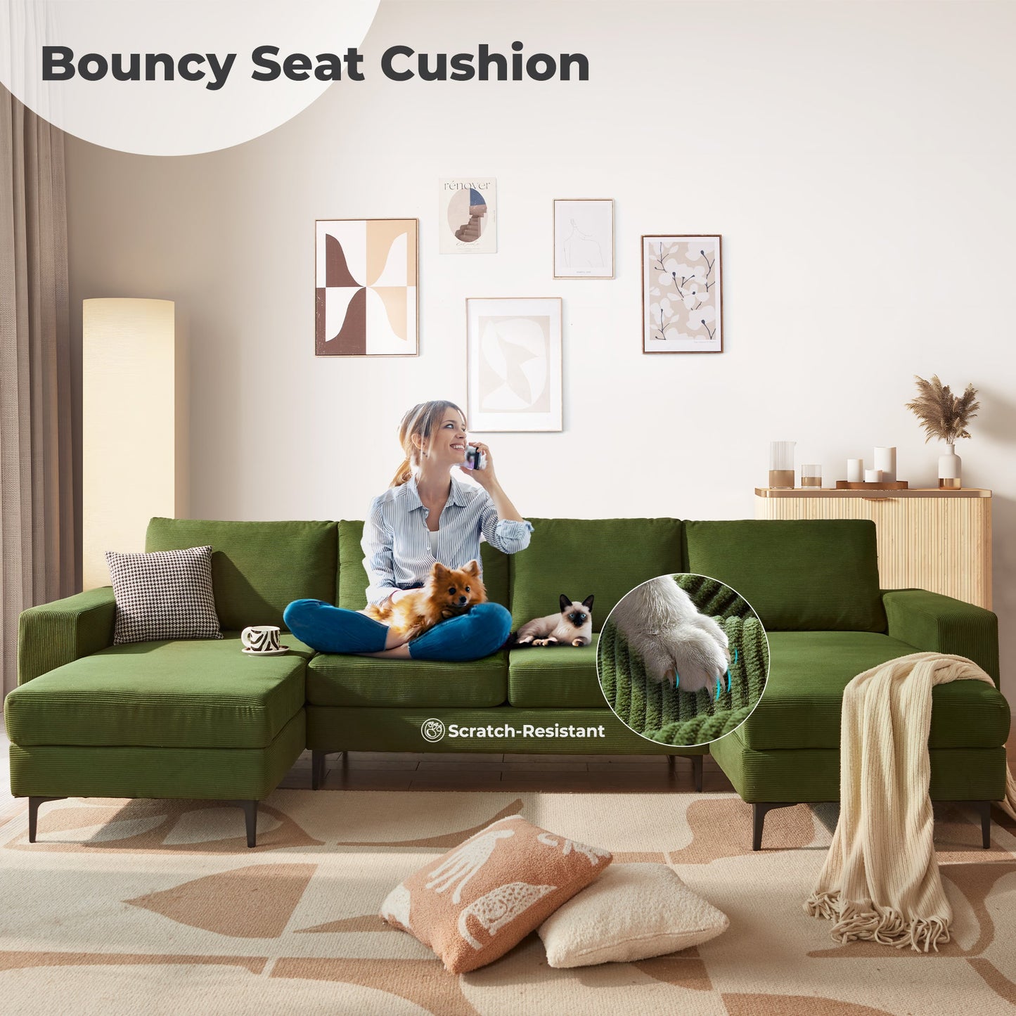 126" Modern U-Shaped Couch with Double Chaise Corduroy Fabric