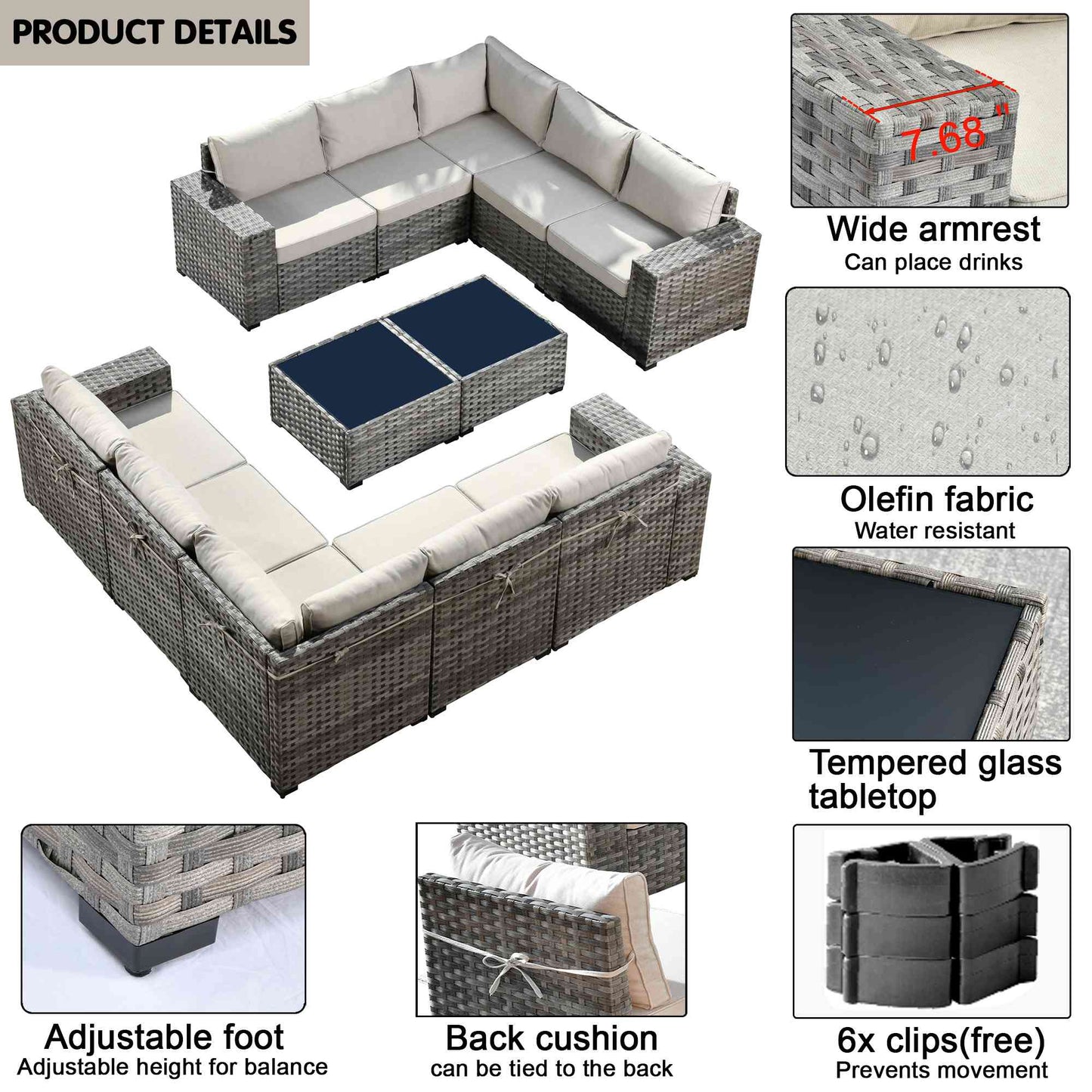 12 Pieces Patio Conversation Set with 7.68'' Broad Handrails