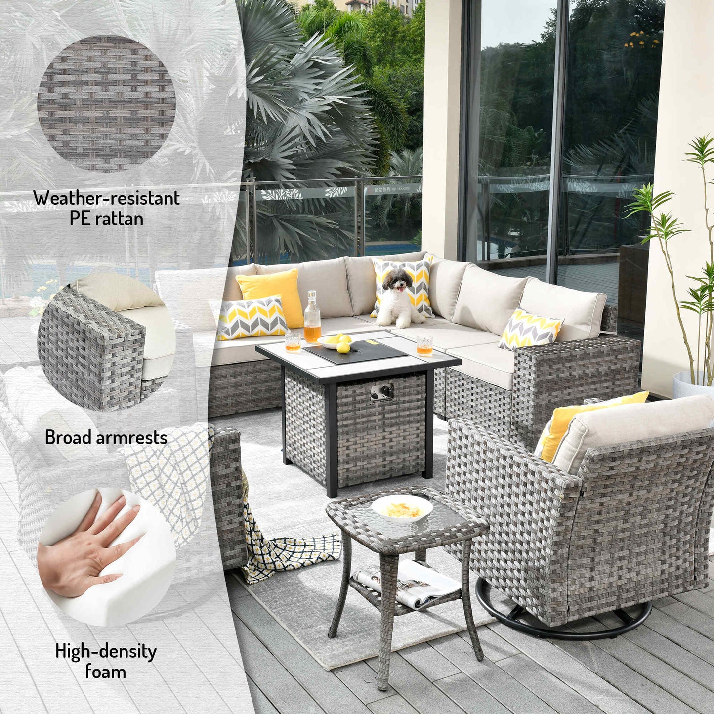 10 Pieces Patio Furniture with 7.68'' Handrails and 30'' Fire Pit Table Rocking Chair