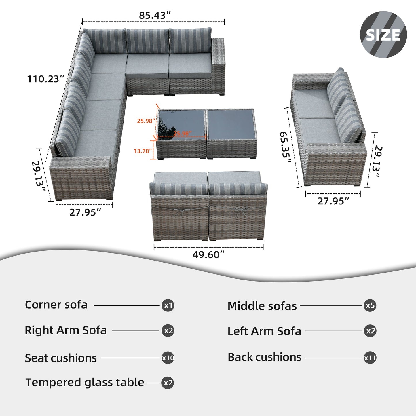 12 Pieces Patio Conversation Set with 7.68'' Broad Handrails