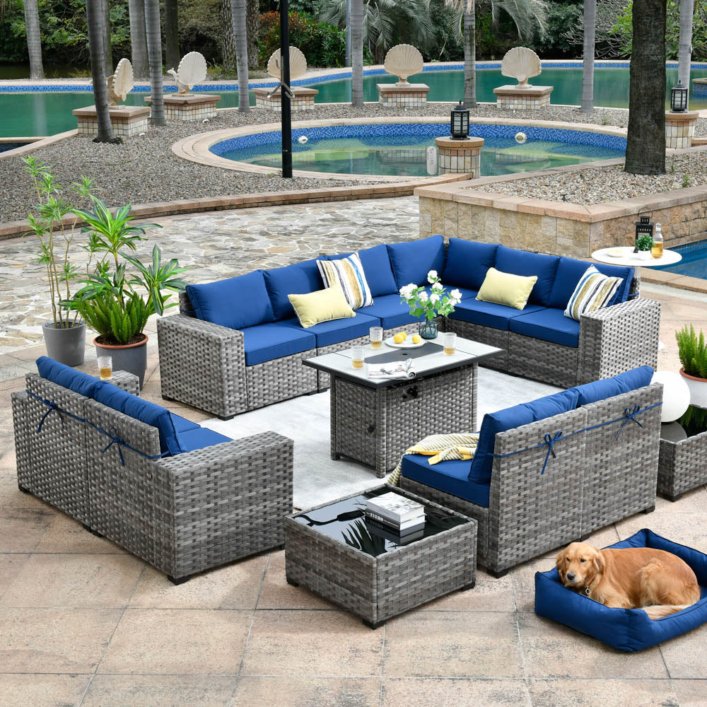 13 Pieces Outdoor Furniture with 7.68'' Broad Handrails and Rectangle 42.12'' Fire Pit Table