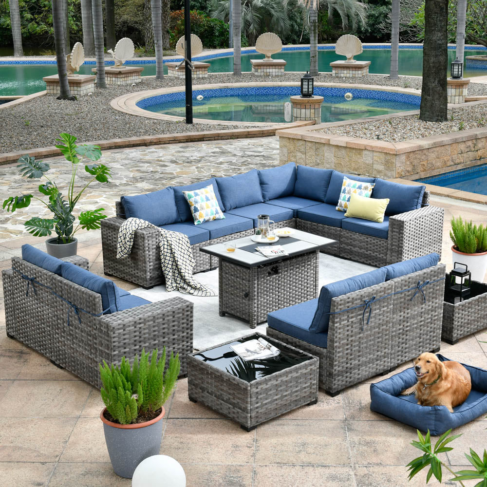 13 Pieces Outdoor Furniture with 7.68'' Broad Handrails and Rectangle 42.12'' Fire Pit Table