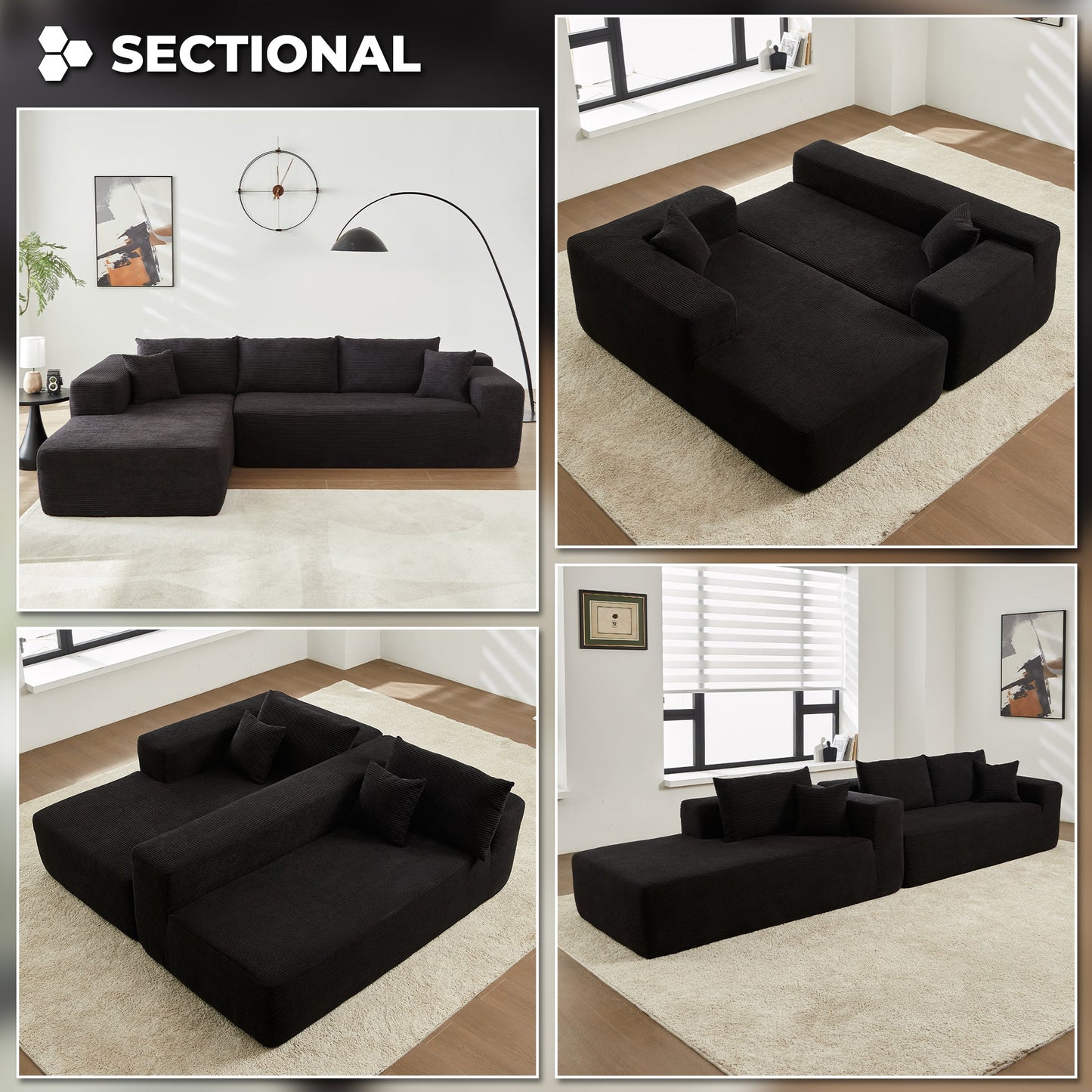 104" L-Shape Modular Couch with Chaise,Corduroy Fabric,No Assembly Required