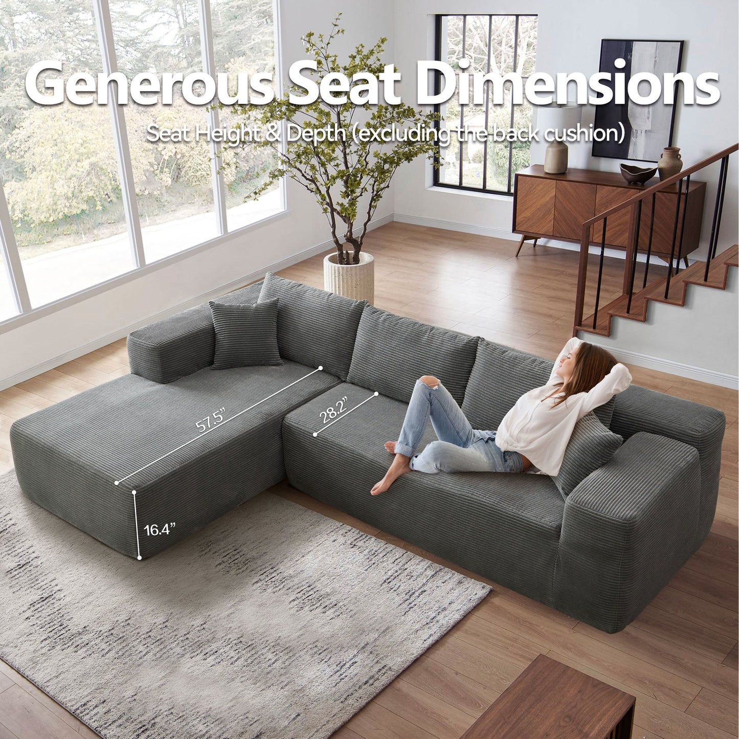 104" L-Shape Modular Couch with Chaise,Corduroy Fabric,No Assembly Required