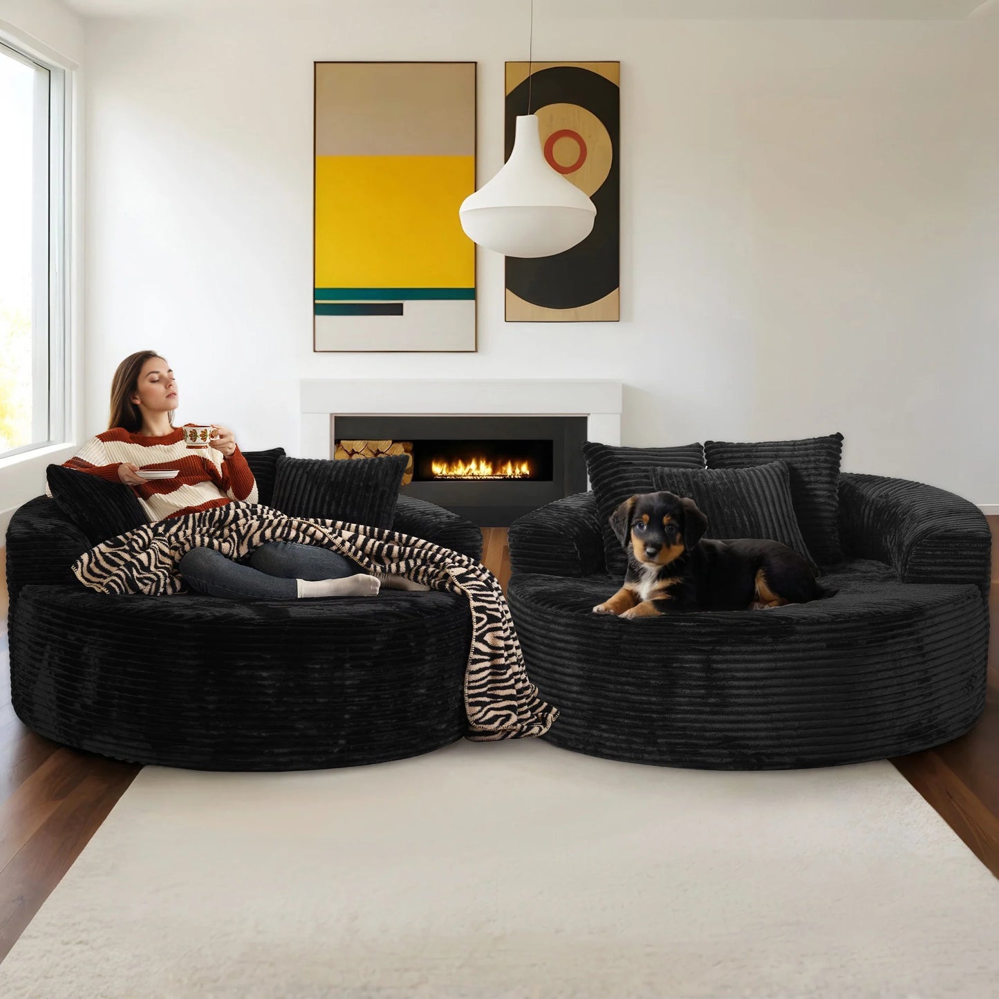 59" O-Shape Modular Couch, Plush Corduroy Fabric, No Assembly Required