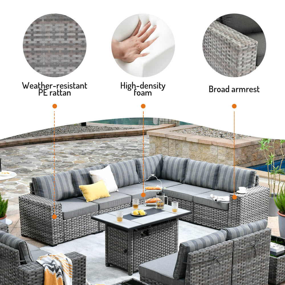 13 Pieces Outdoor Furniture with 7.68'' Broad Handrails and Rectangle 42.12'' Fire Pit Table