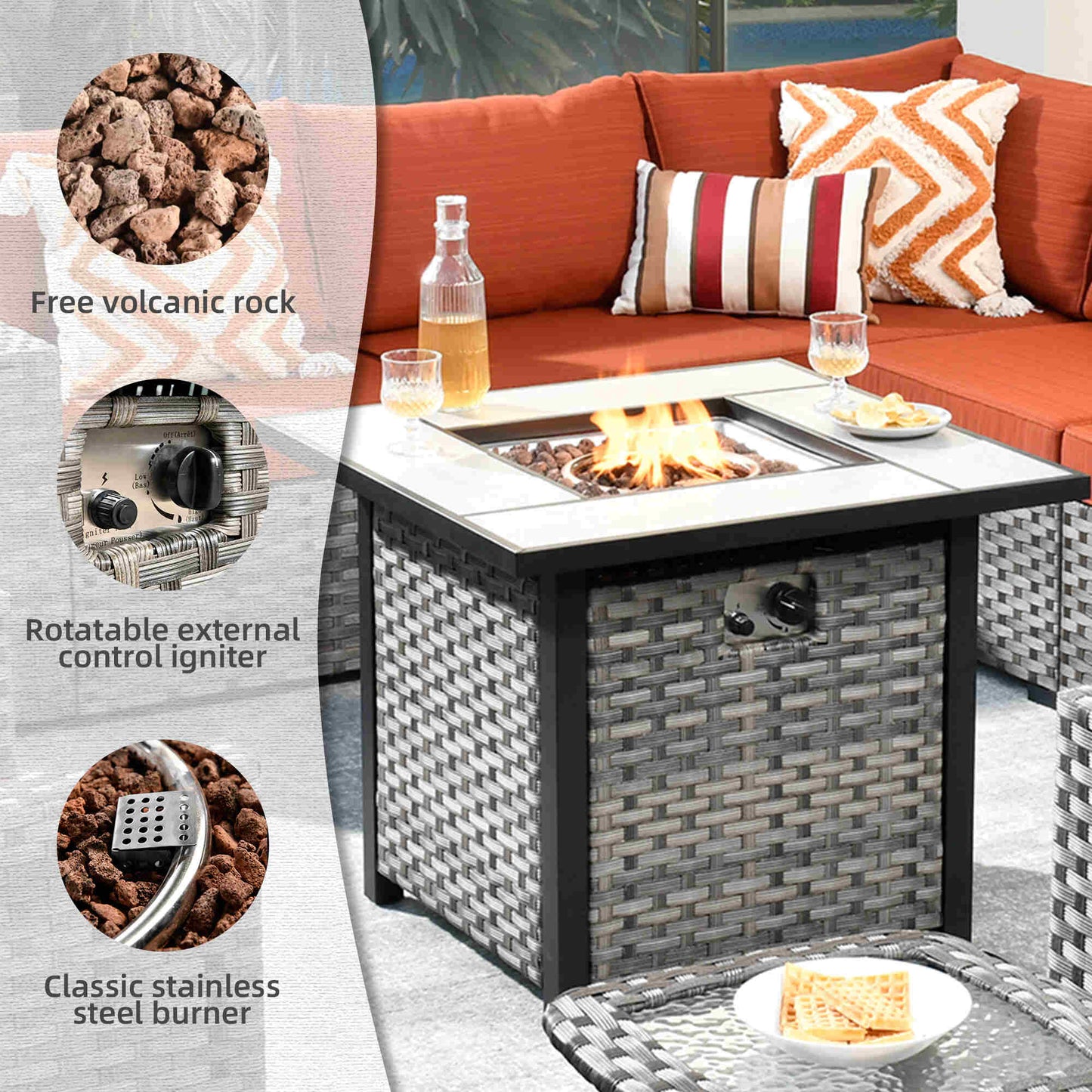 10 Pieces Patio Furniture with 7.68'' Handrails and 30'' Fire Pit Table Rocking Chair