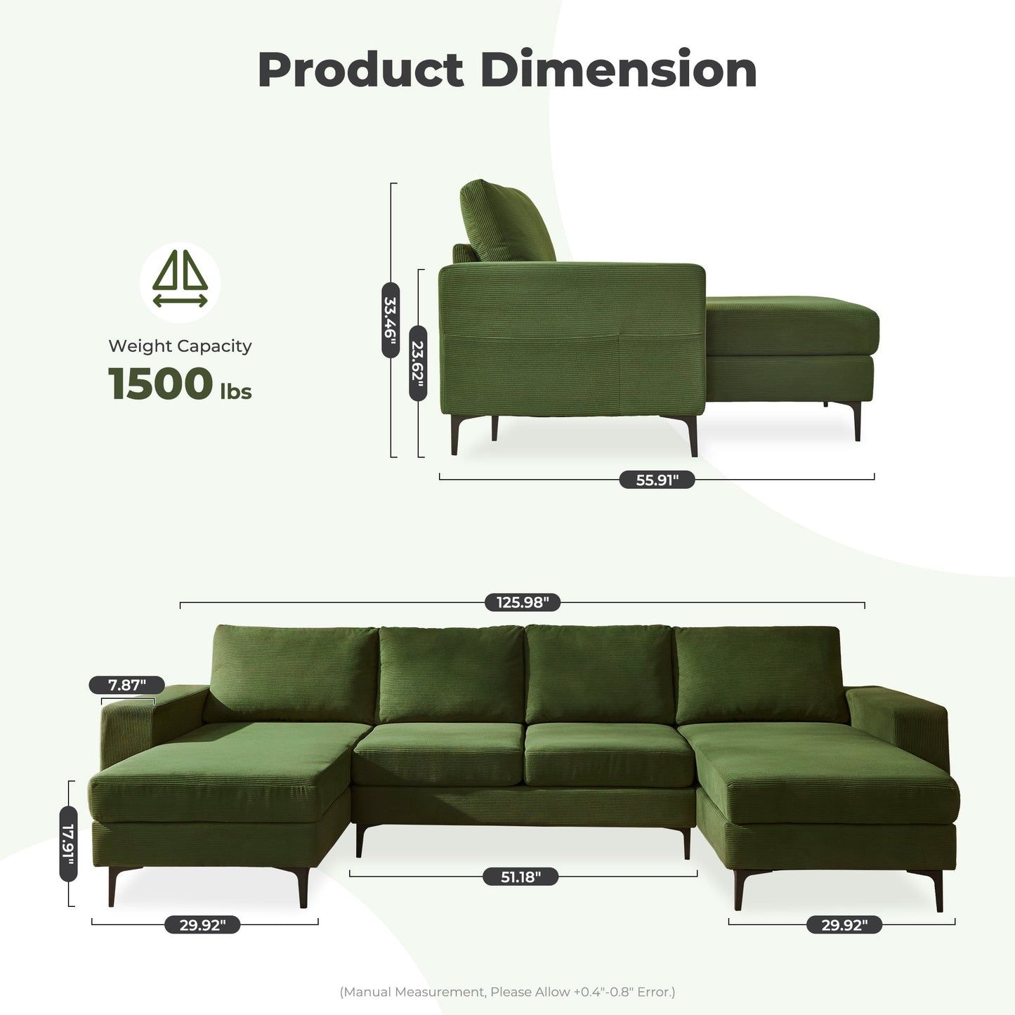 126" Modern U-Shaped Couch with Double Chaise Corduroy Fabric
