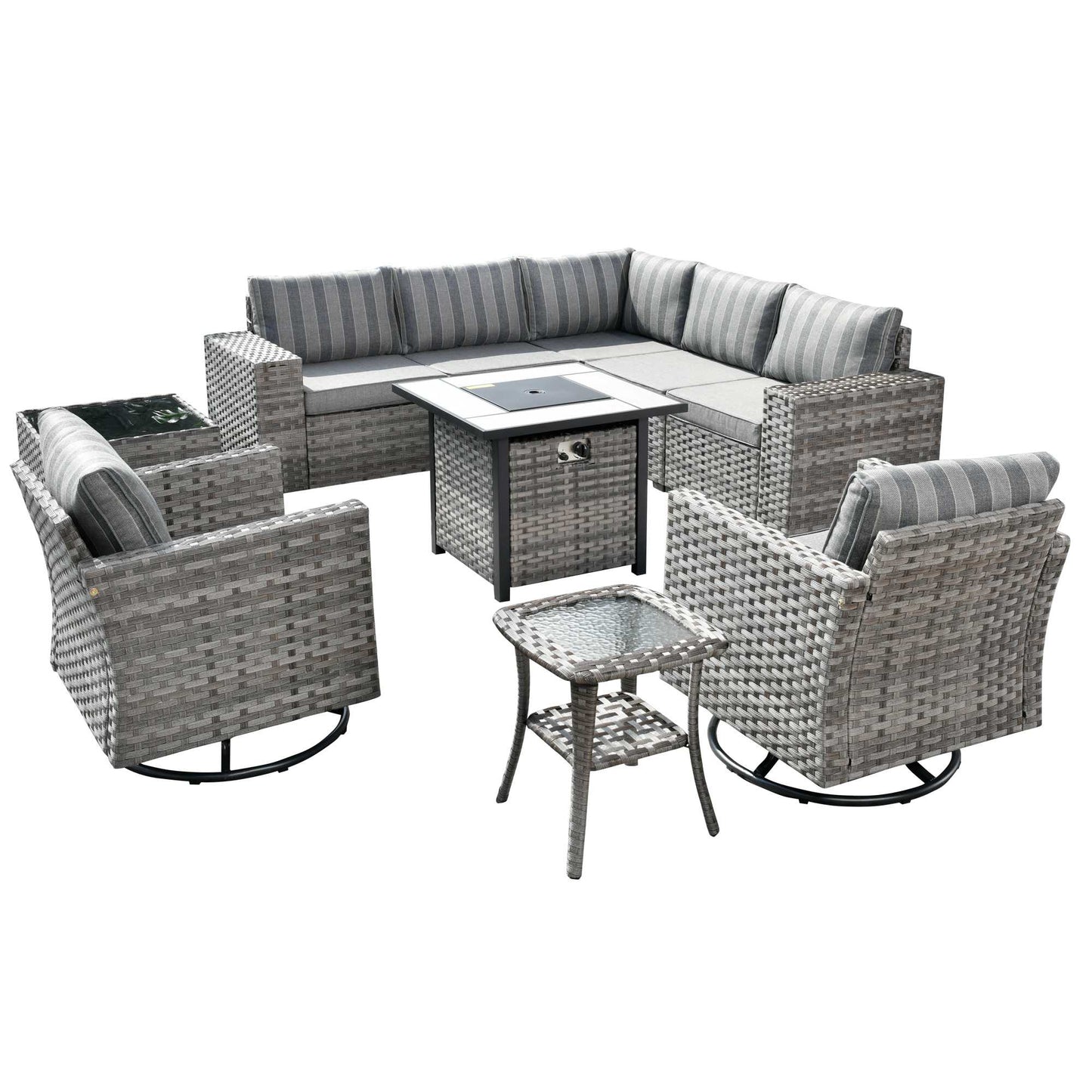 10 Pieces Patio Furniture with 7.68'' Handrails and 30'' Fire Pit Table Rocking Chair