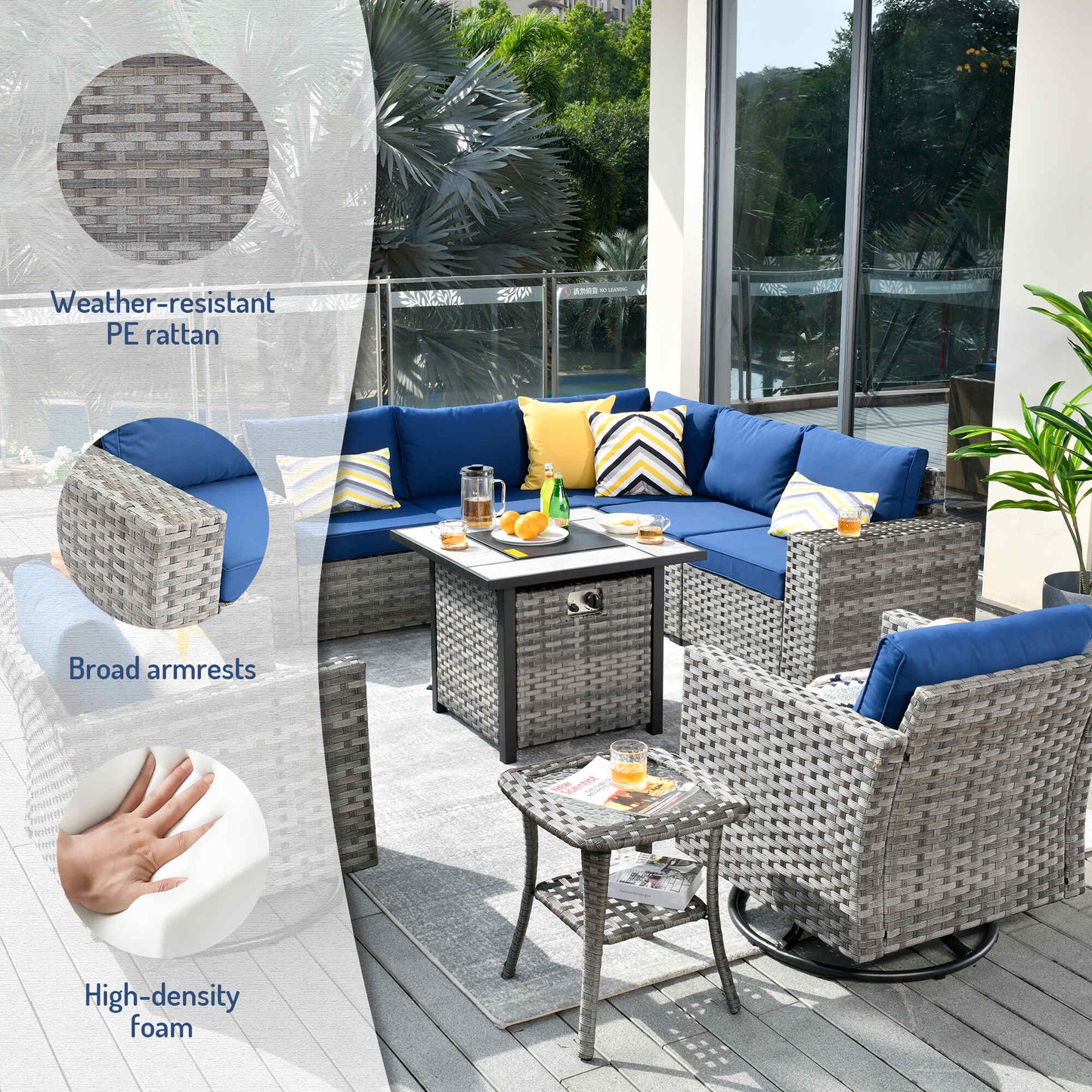 10 Pieces Patio Furniture with 7.68'' Handrails and 30'' Fire Pit Table Rocking Chair