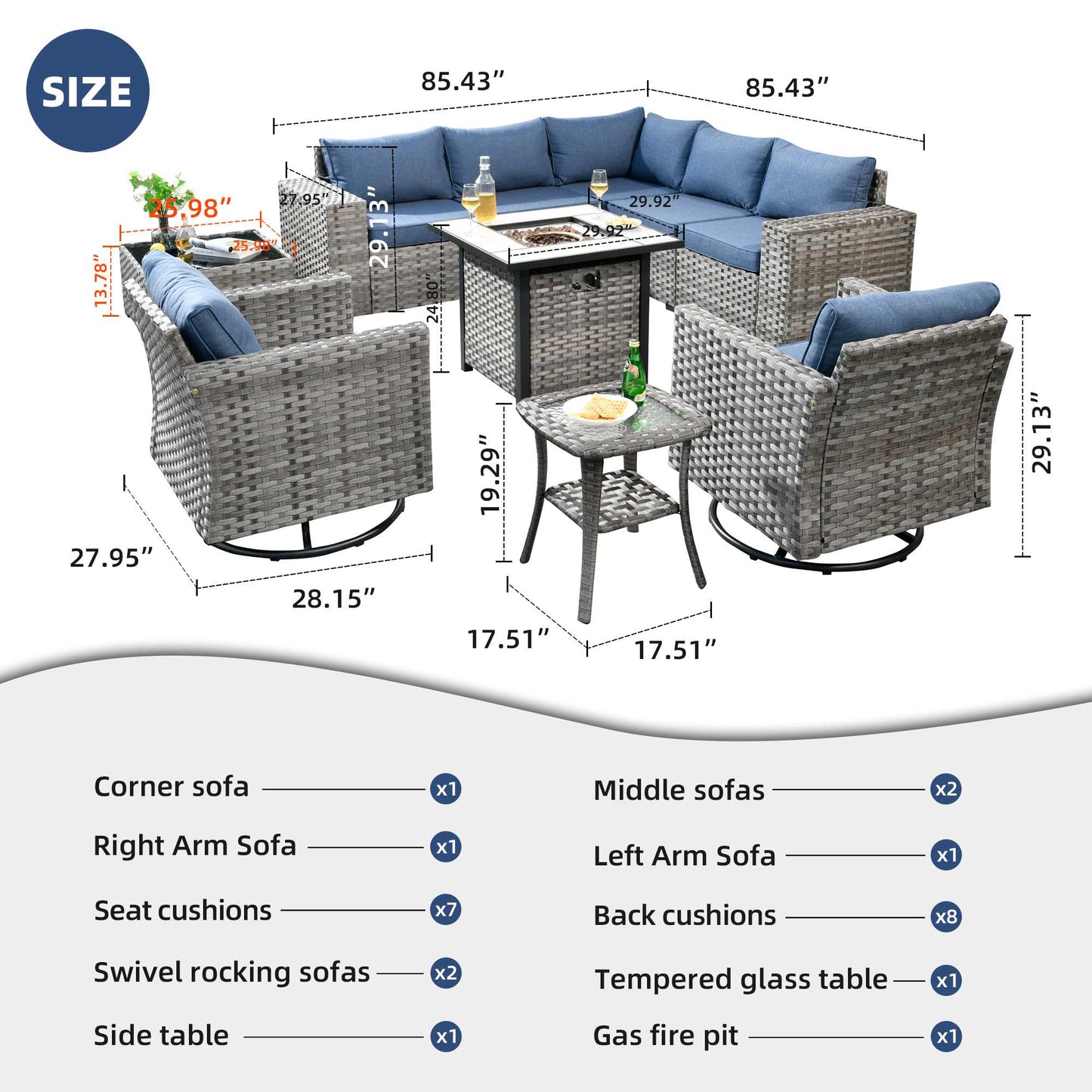 10 Pieces Patio Furniture with 7.68'' Handrails and 30'' Fire Pit Table Rocking Chair