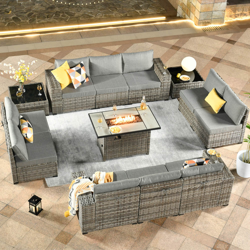 13 Pieces Outdoor Furniture with 7.68'' Broad Handrails and Rectangle 42.12'' Fire Pit Table