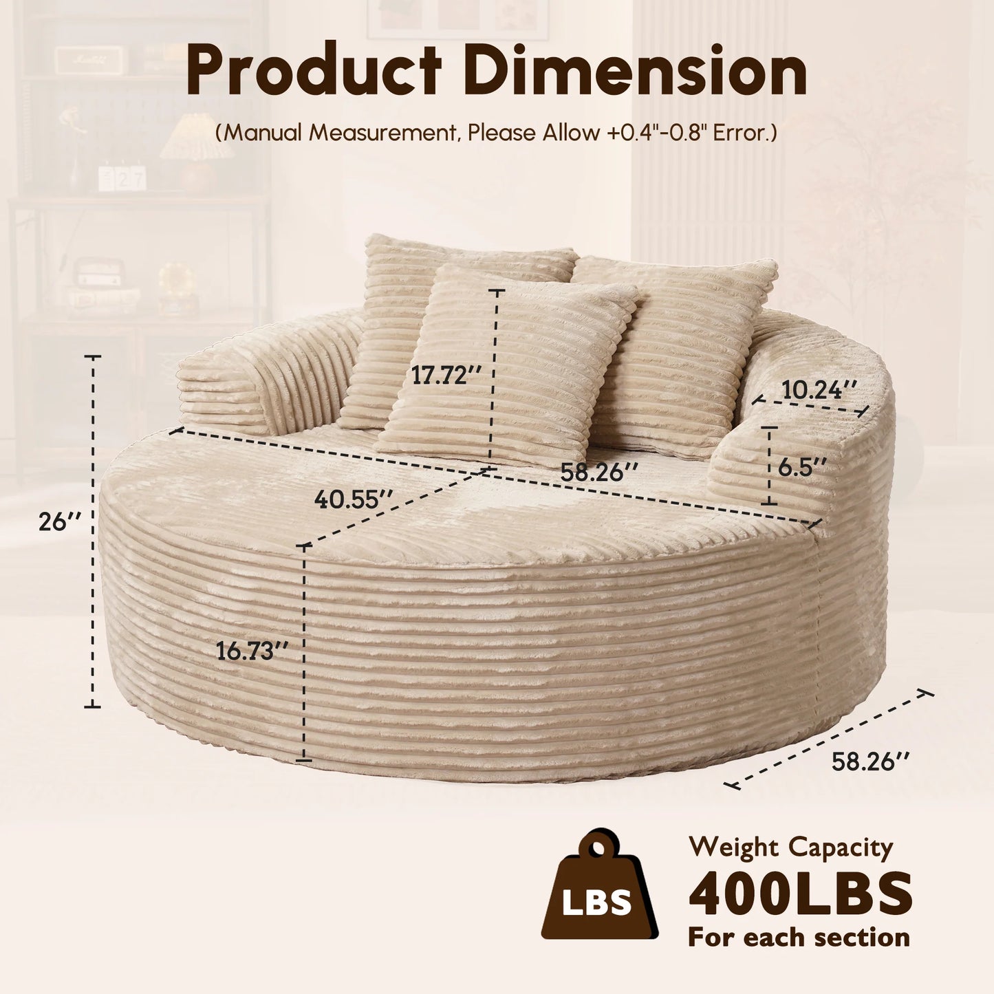 59" O-Shape Modular Couch, Plush Corduroy Fabric, No Assembly Required