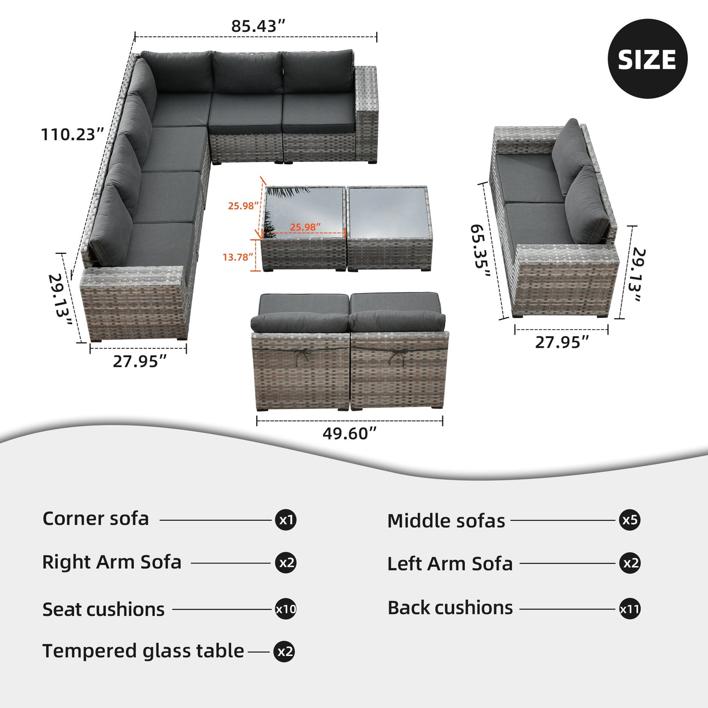 12 Pieces Patio Conversation Set with 7.68'' Broad Handrails