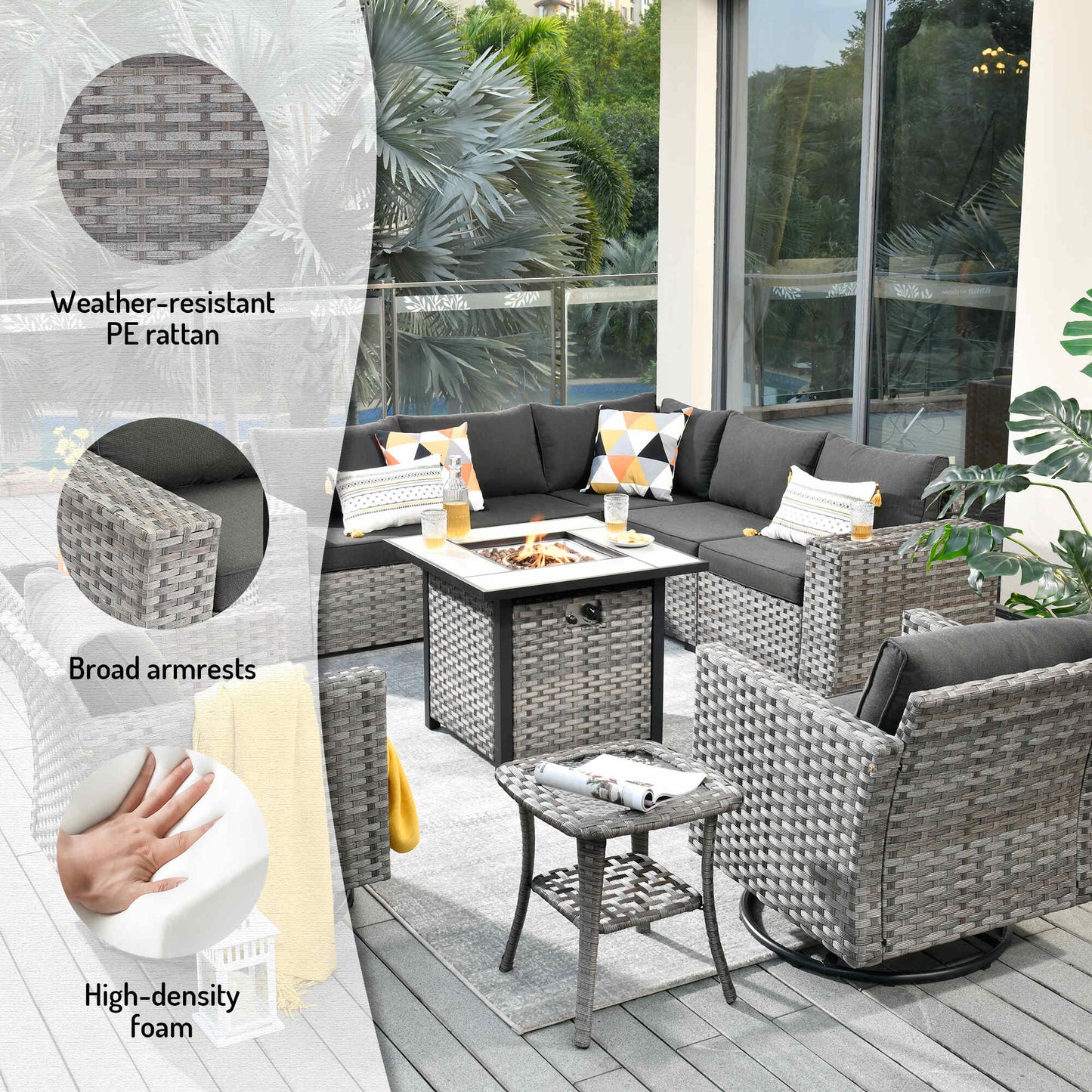 10 Pieces Patio Furniture with 7.68'' Handrails and 30'' Fire Pit Table Rocking Chair