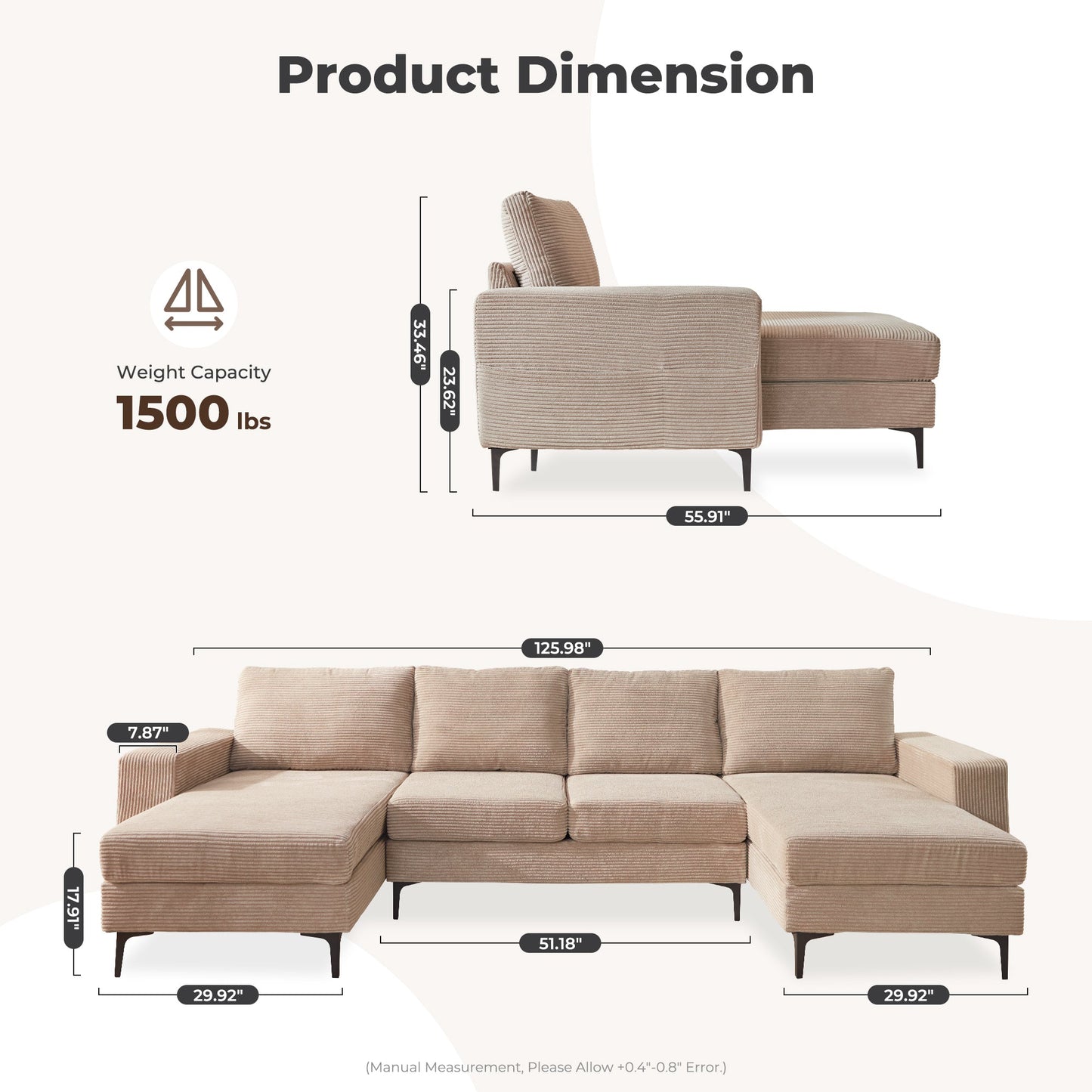 126" Modern U-Shaped Couch with Double Chaise Corduroy Fabric