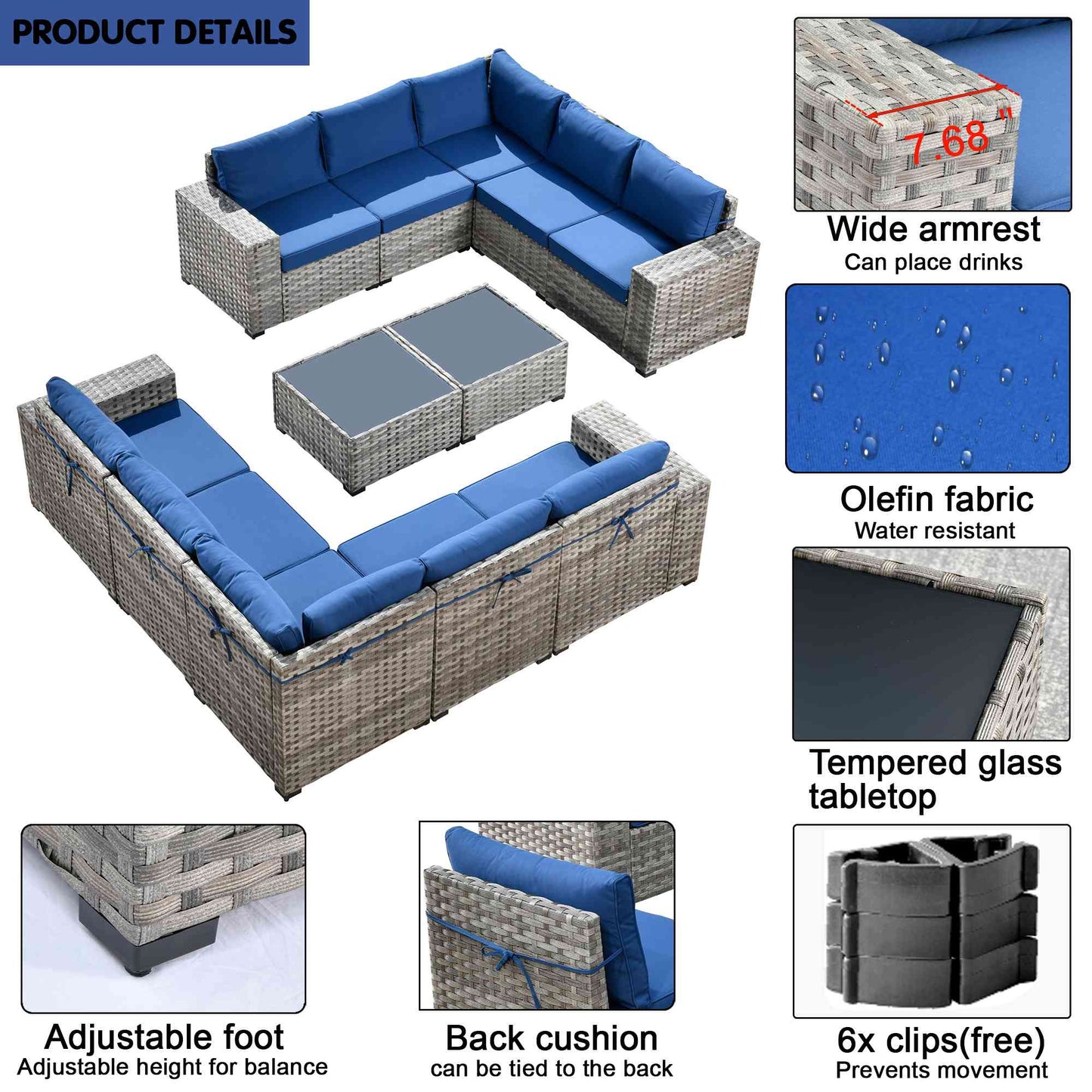 12 Pieces Patio Conversation Set with 7.68'' Broad Handrails