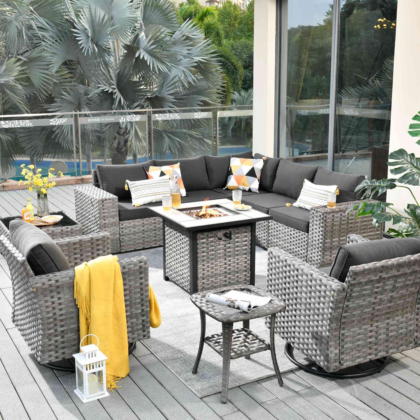10 Pieces Patio Furniture with 7.68'' Handrails and 30'' Fire Pit Table Rocking Chair