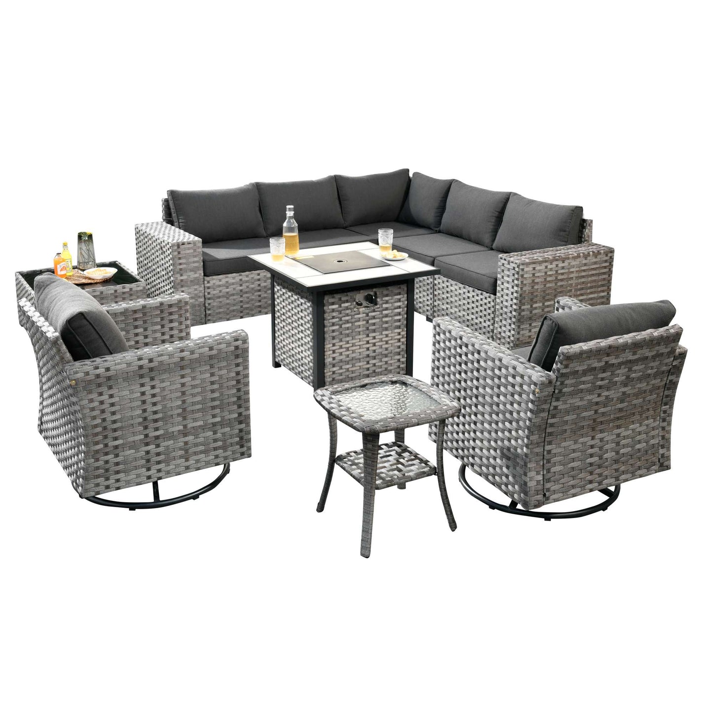 10 Pieces Patio Furniture with 7.68'' Handrails and 30'' Fire Pit Table Rocking Chair