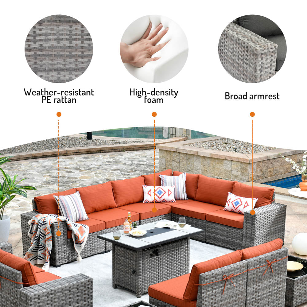 13 Pieces Outdoor Furniture with 7.68'' Broad Handrails and Rectangle 42.12'' Fire Pit Table