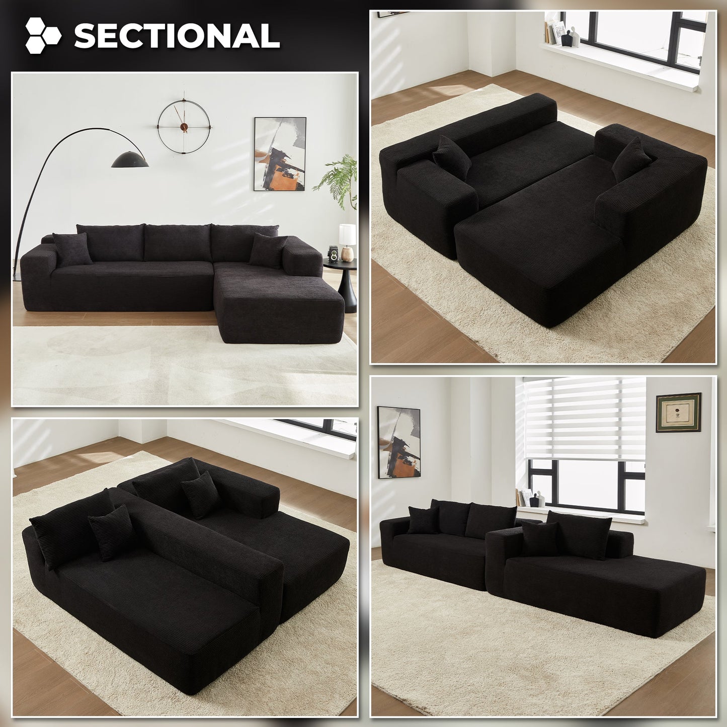 104" L-Shape Modular Couch with Chaise,Corduroy Fabric,No Assembly Required