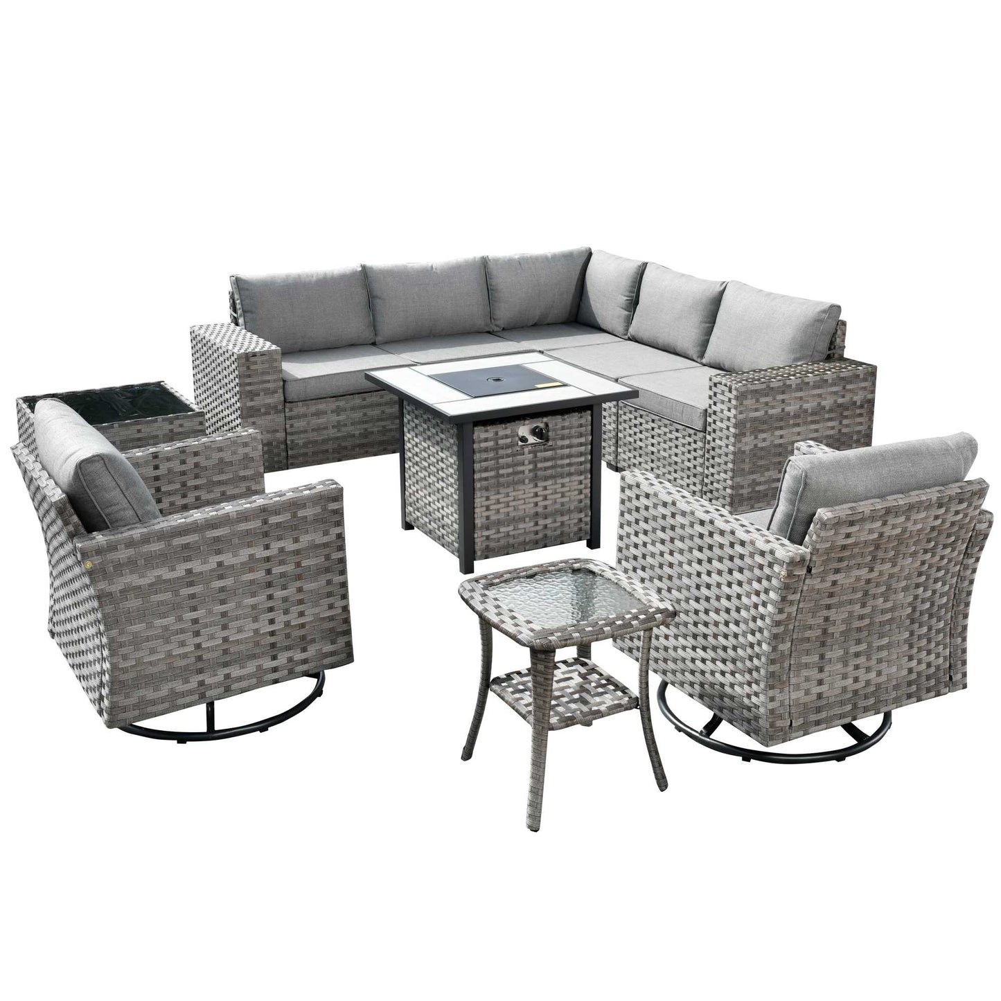 10 Pieces Patio Furniture with 7.68'' Handrails and 30'' Fire Pit Table Rocking Chair