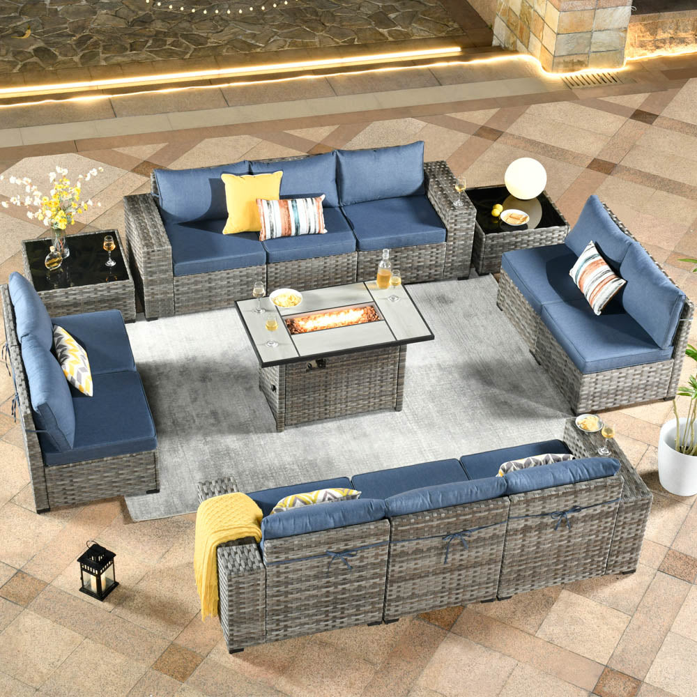 13 Pieces Outdoor Furniture with 7.68'' Broad Handrails and Rectangle 42.12'' Fire Pit Table