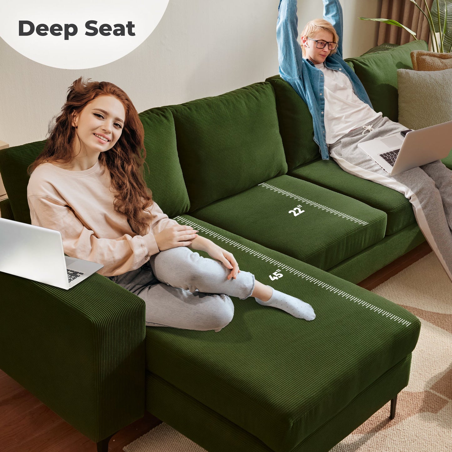 126" Modern U-Shaped Couch with Double Chaise Corduroy Fabric
