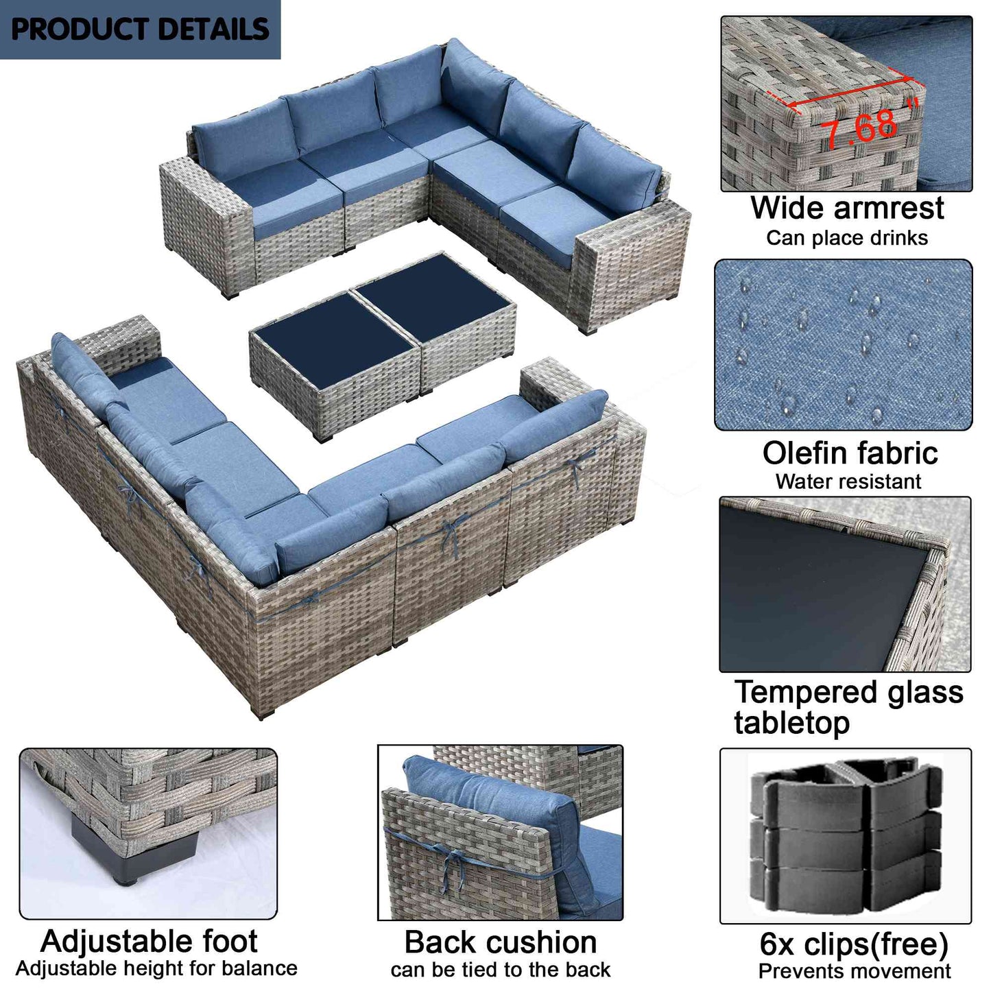 12 Pieces Patio Conversation Set with 7.68'' Broad Handrails