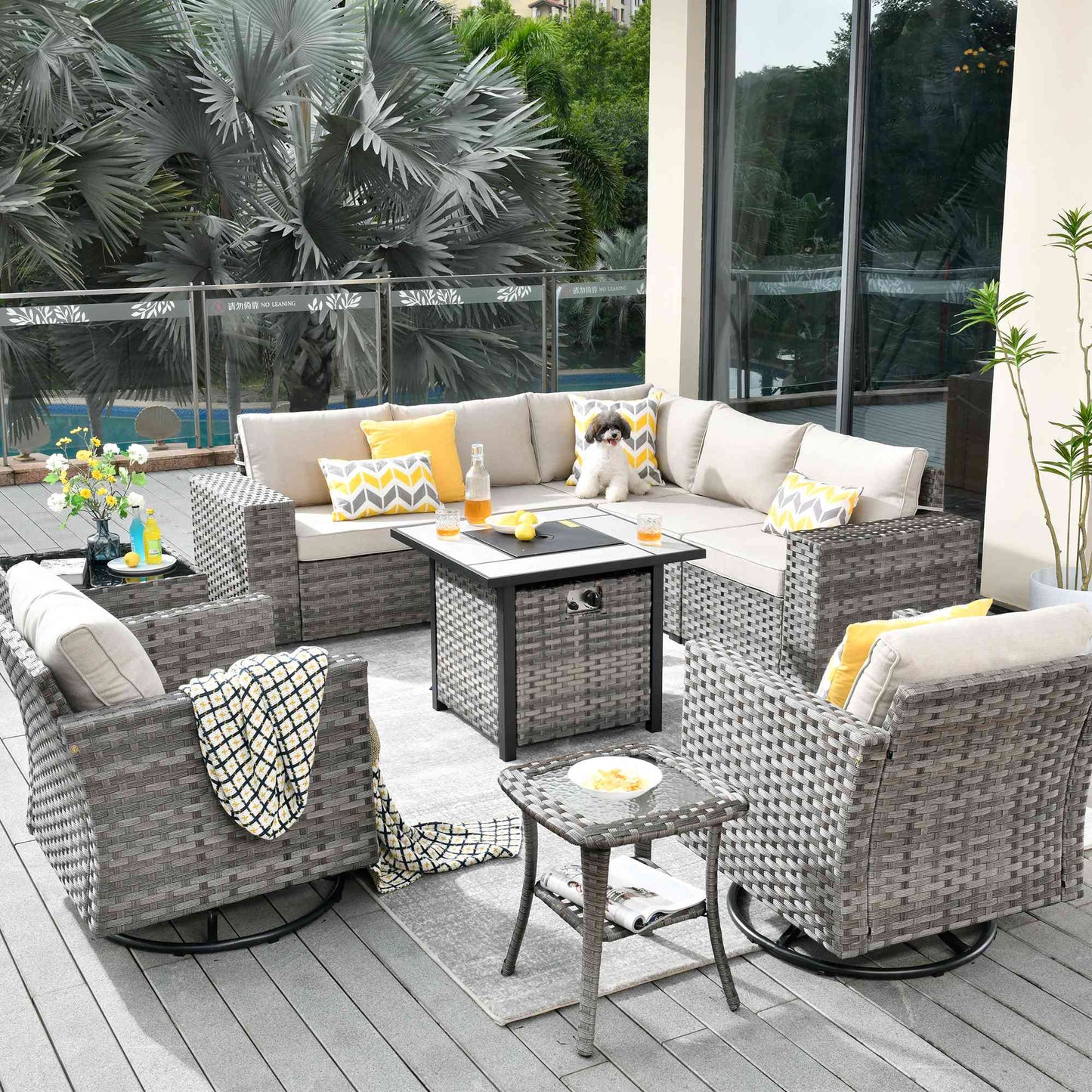 10 Pieces Patio Furniture with 7.68'' Handrails and 30'' Fire Pit Table Rocking Chair