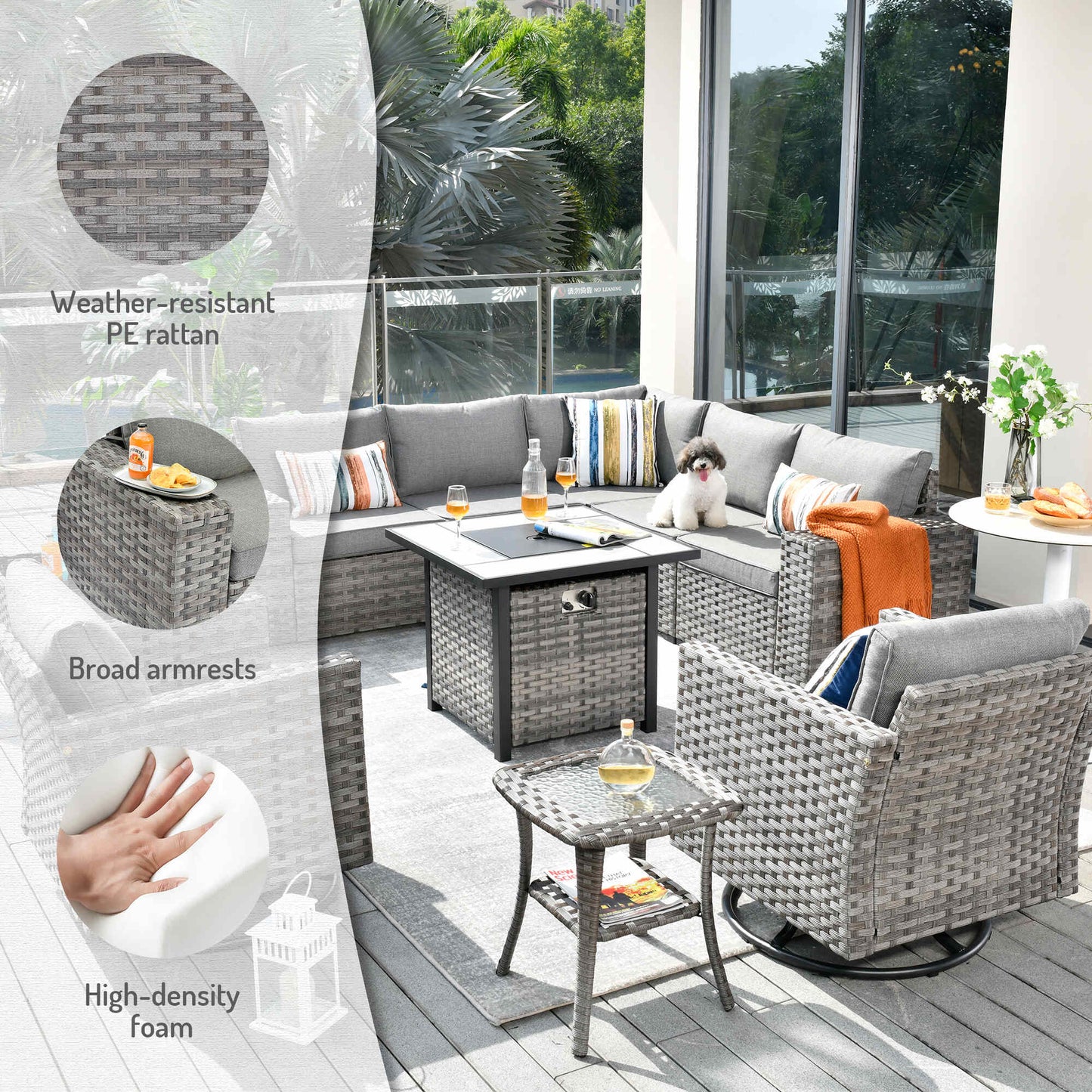10 Pieces Patio Furniture with 7.68'' Handrails and 30'' Fire Pit Table Rocking Chair