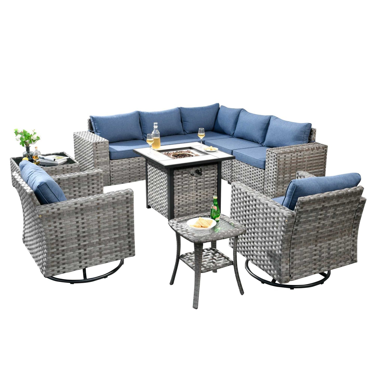 10 Pieces Patio Furniture with 7.68'' Handrails and 30'' Fire Pit Table Rocking Chair