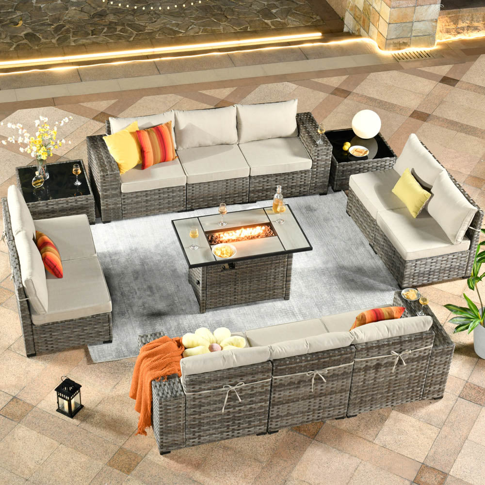 13 Pieces Outdoor Furniture with 7.68'' Broad Handrails and Rectangle 42.12'' Fire Pit Table