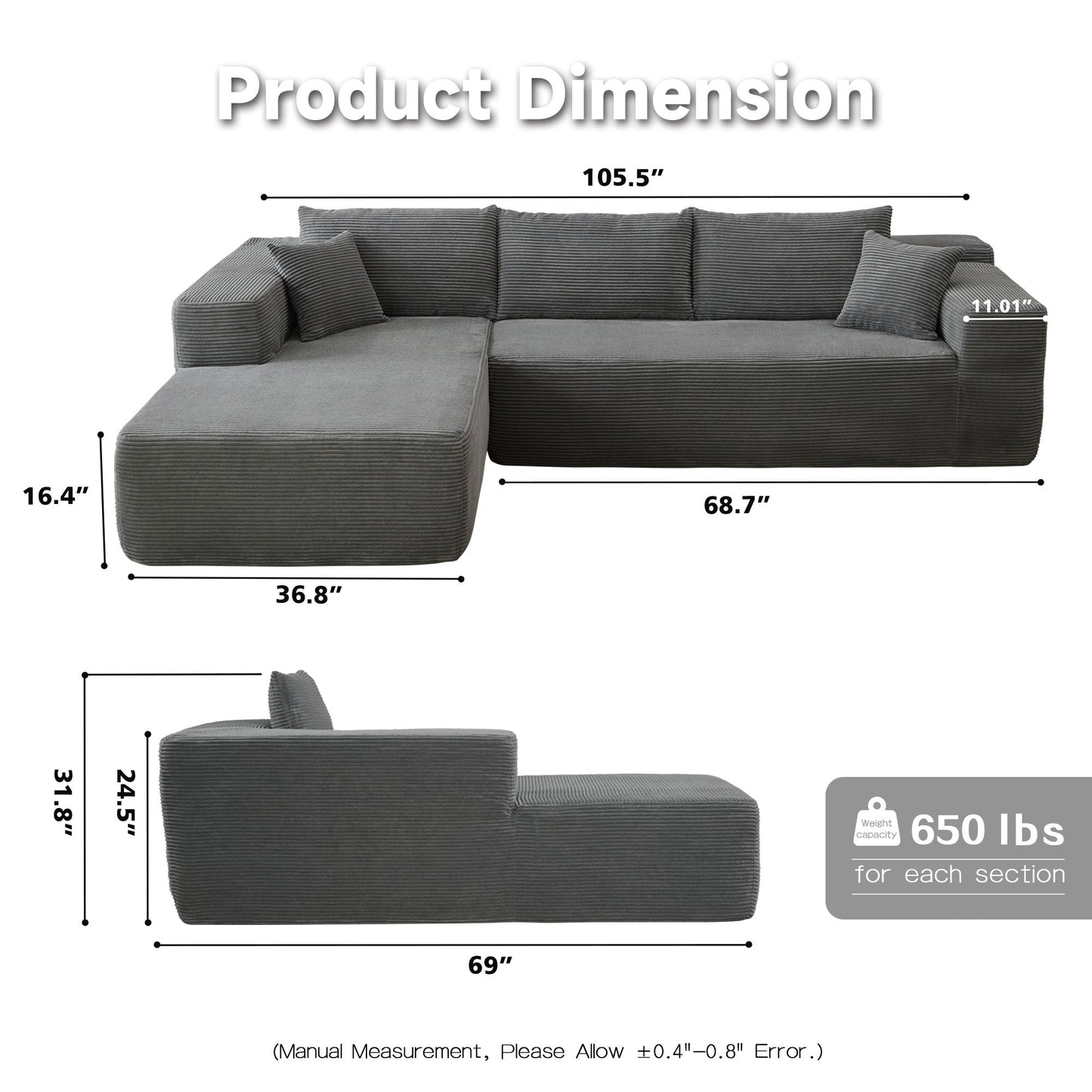 104" L-Shape Modular Couch with Chaise,Corduroy Fabric,No Assembly Required