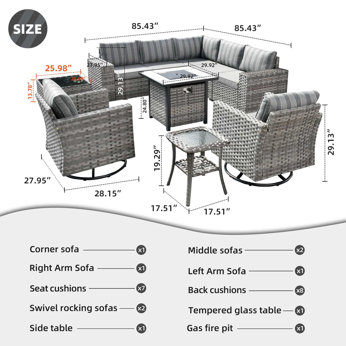 10 Pieces Patio Furniture with 7.68'' Handrails and 30'' Fire Pit Table Rocking Chair