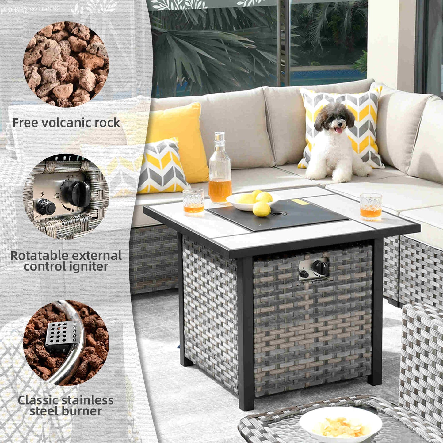 10 Pieces Patio Furniture with 7.68'' Handrails and 30'' Fire Pit Table Rocking Chair