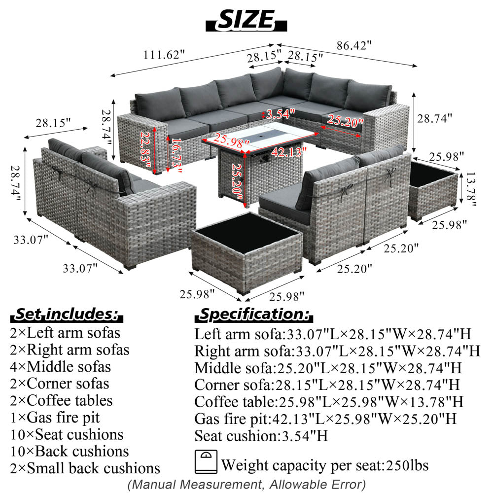 13 Pieces Outdoor Furniture with 7.68'' Broad Handrails and Rectangle 42.12'' Fire Pit Table