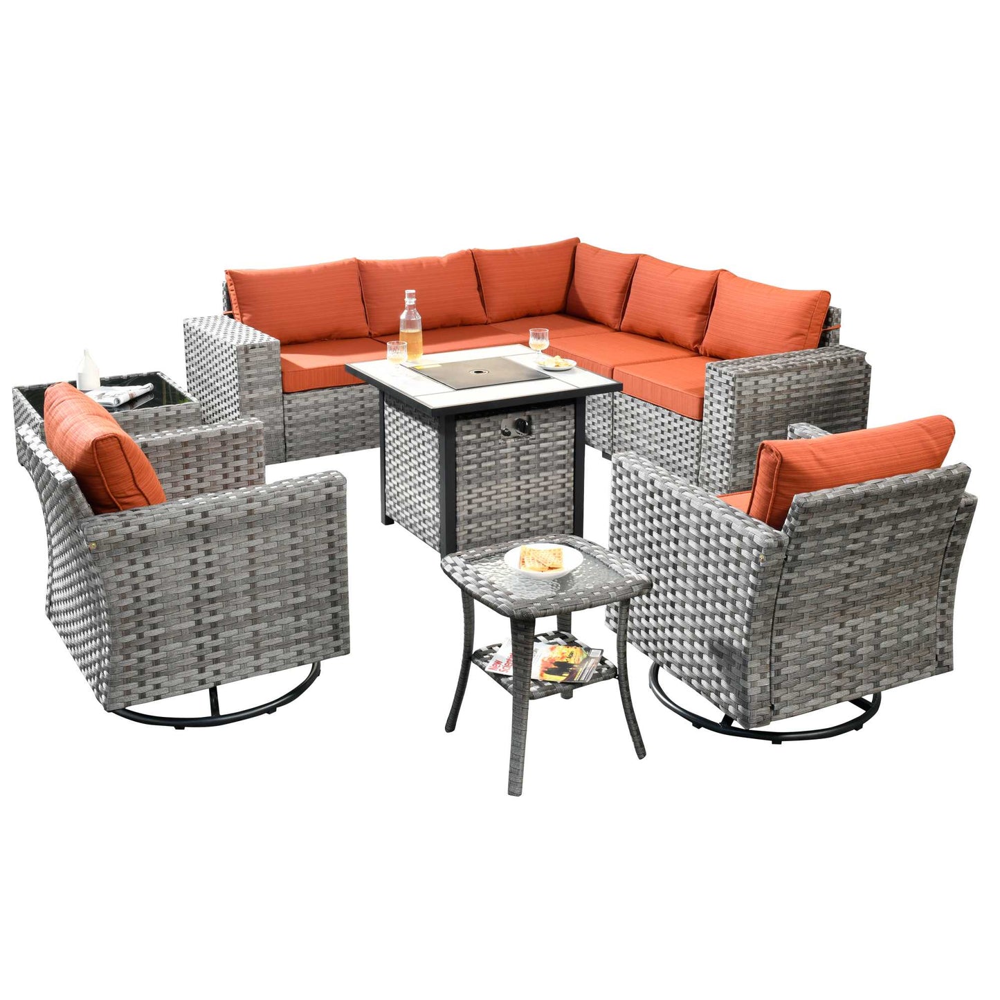 10 Pieces Patio Furniture with 7.68'' Handrails and 30'' Fire Pit Table Rocking Chair