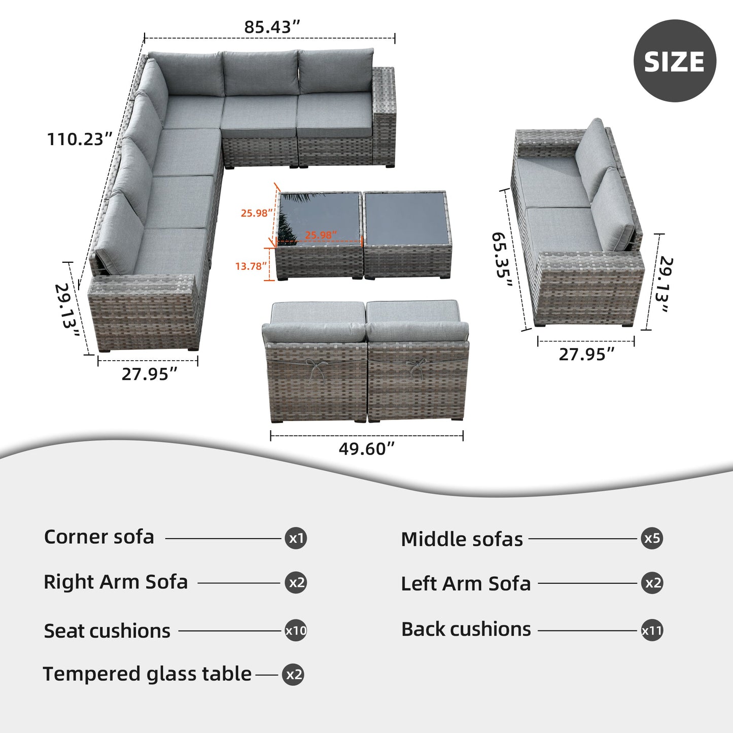12 Pieces Patio Conversation Set with 7.68'' Broad Handrails