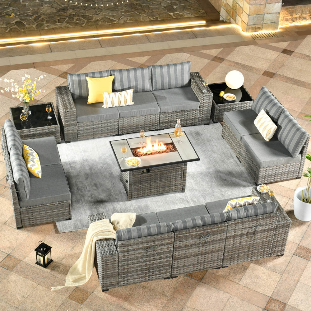 13 Pieces Outdoor Furniture with 7.68'' Broad Handrails and Rectangle 42.12'' Fire Pit Table