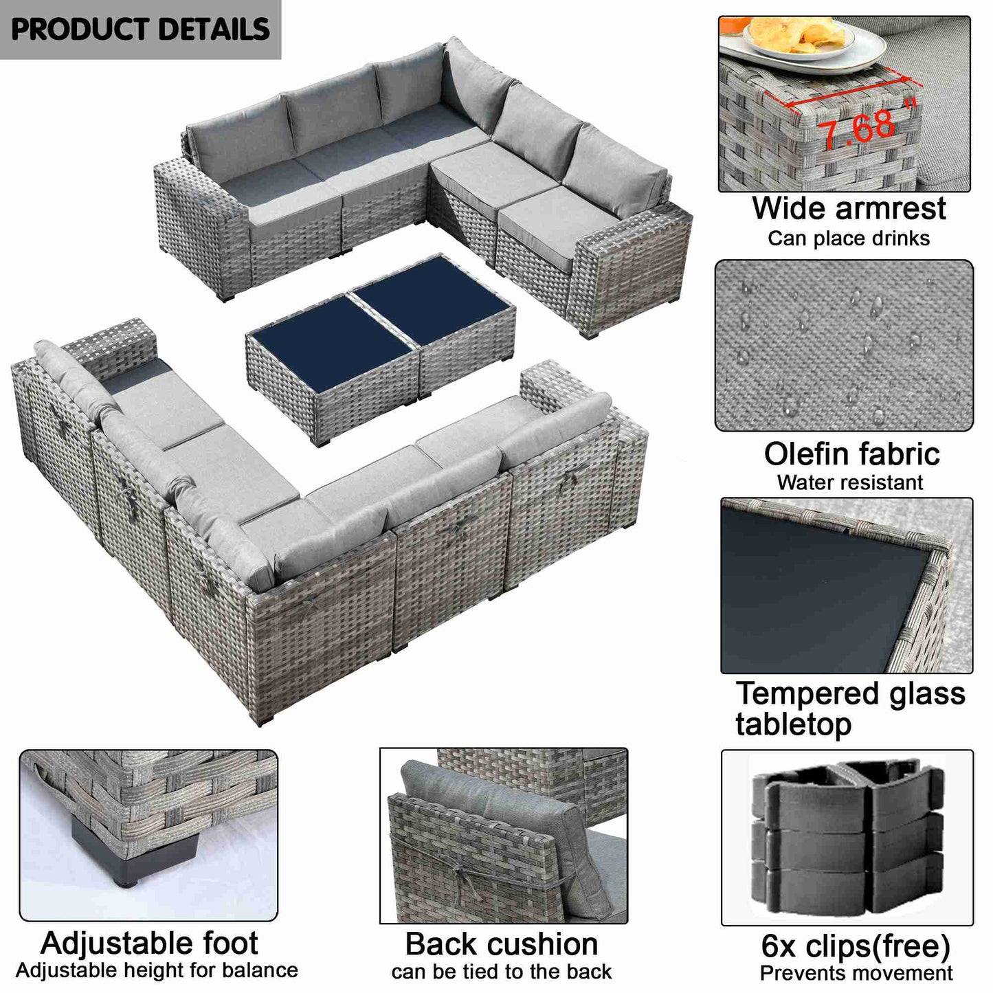 12 Pieces Patio Conversation Set with 7.68'' Broad Handrails