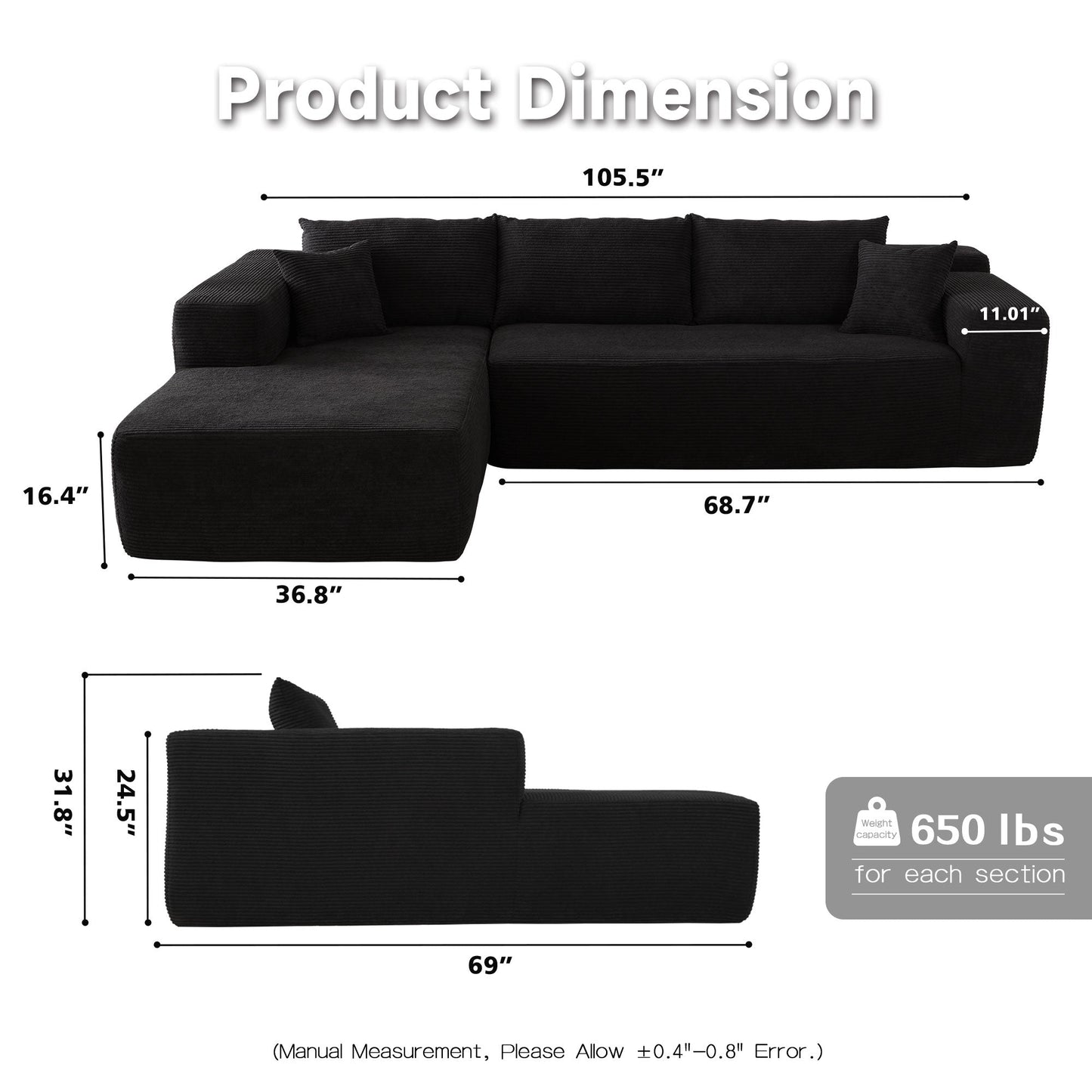 104" L-Shape Modular Couch with Chaise,Corduroy Fabric,No Assembly Required